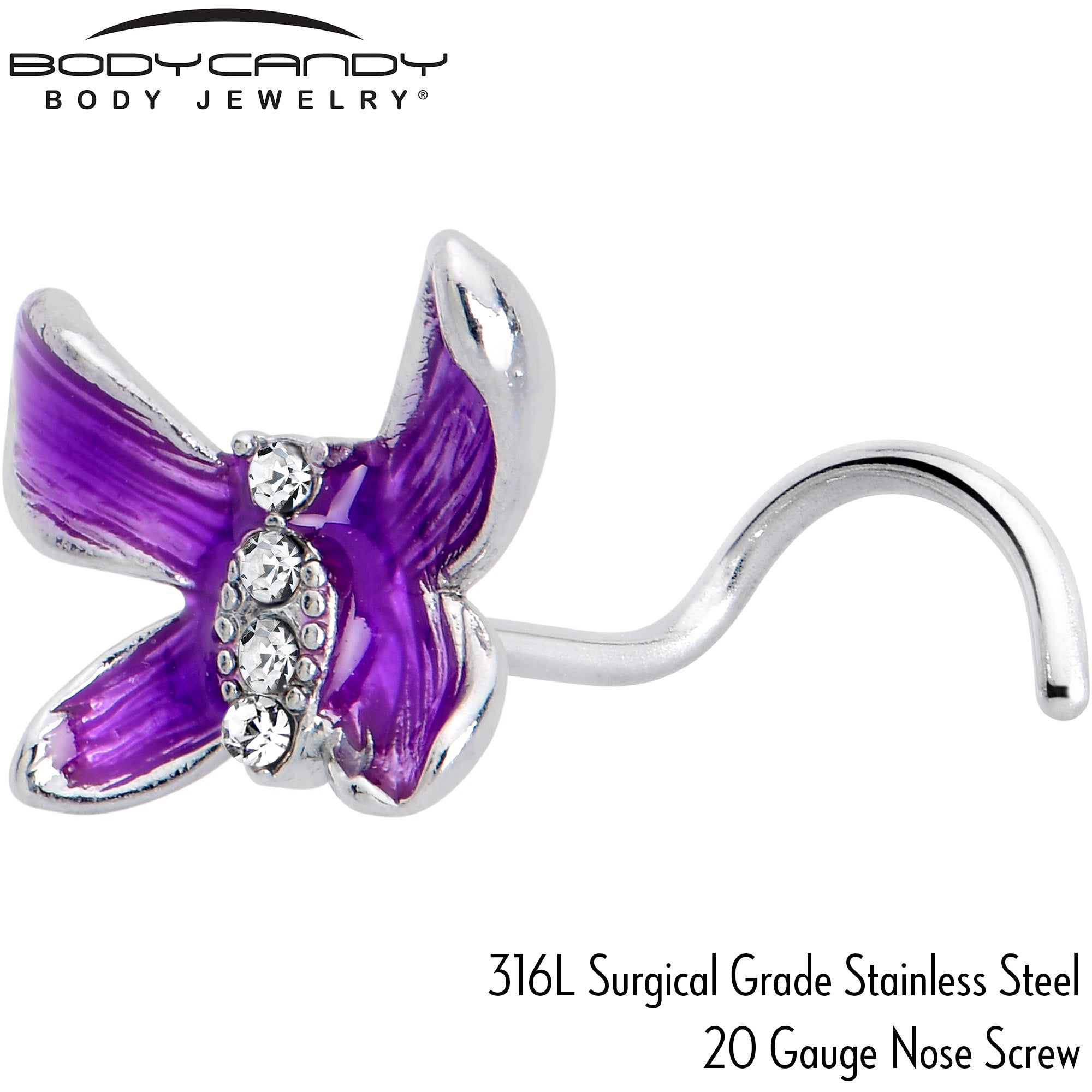 BodyCandy 20G 7mm Clear Gem Chunky Butterfly Purple Left Side Nose Screw — side view