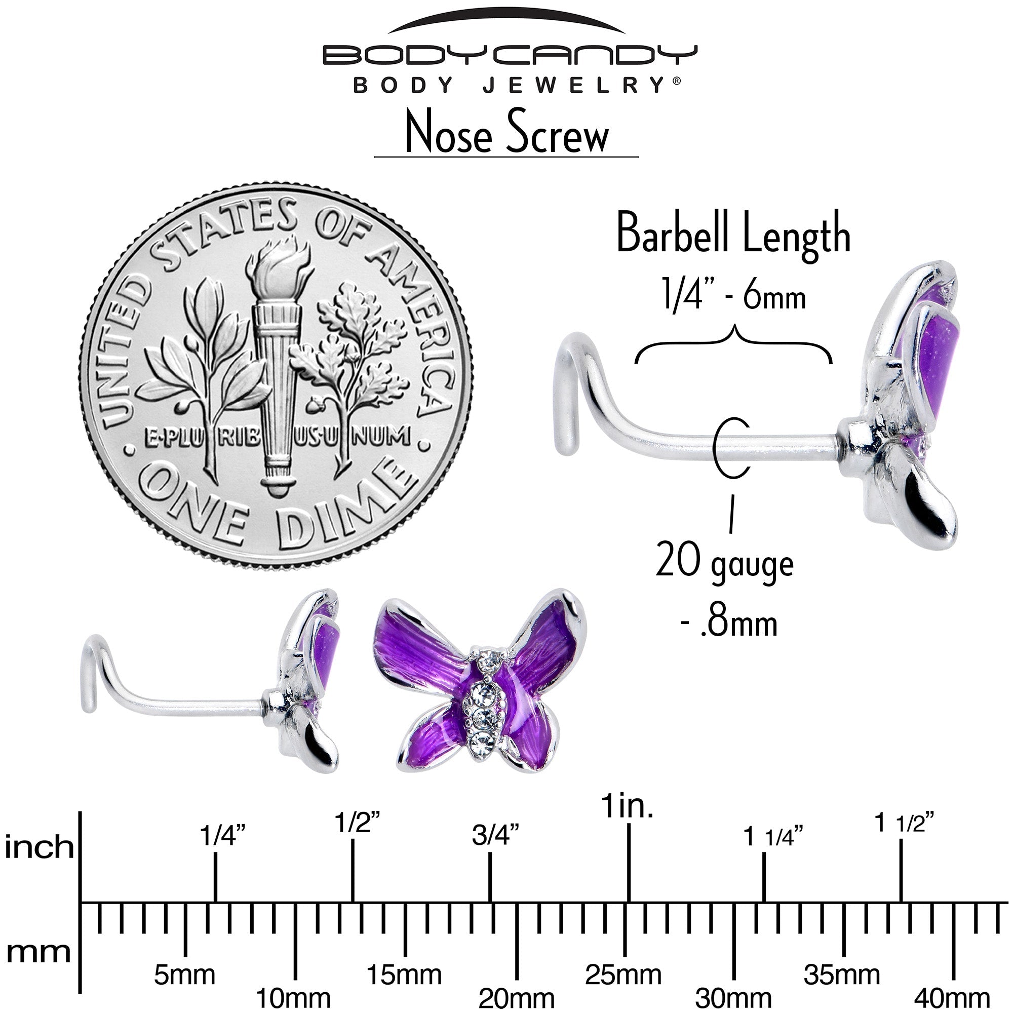 BodyCandy 20G 7mm Clear Gem Chunky Butterfly Purple Left Side Nose Screw — back view