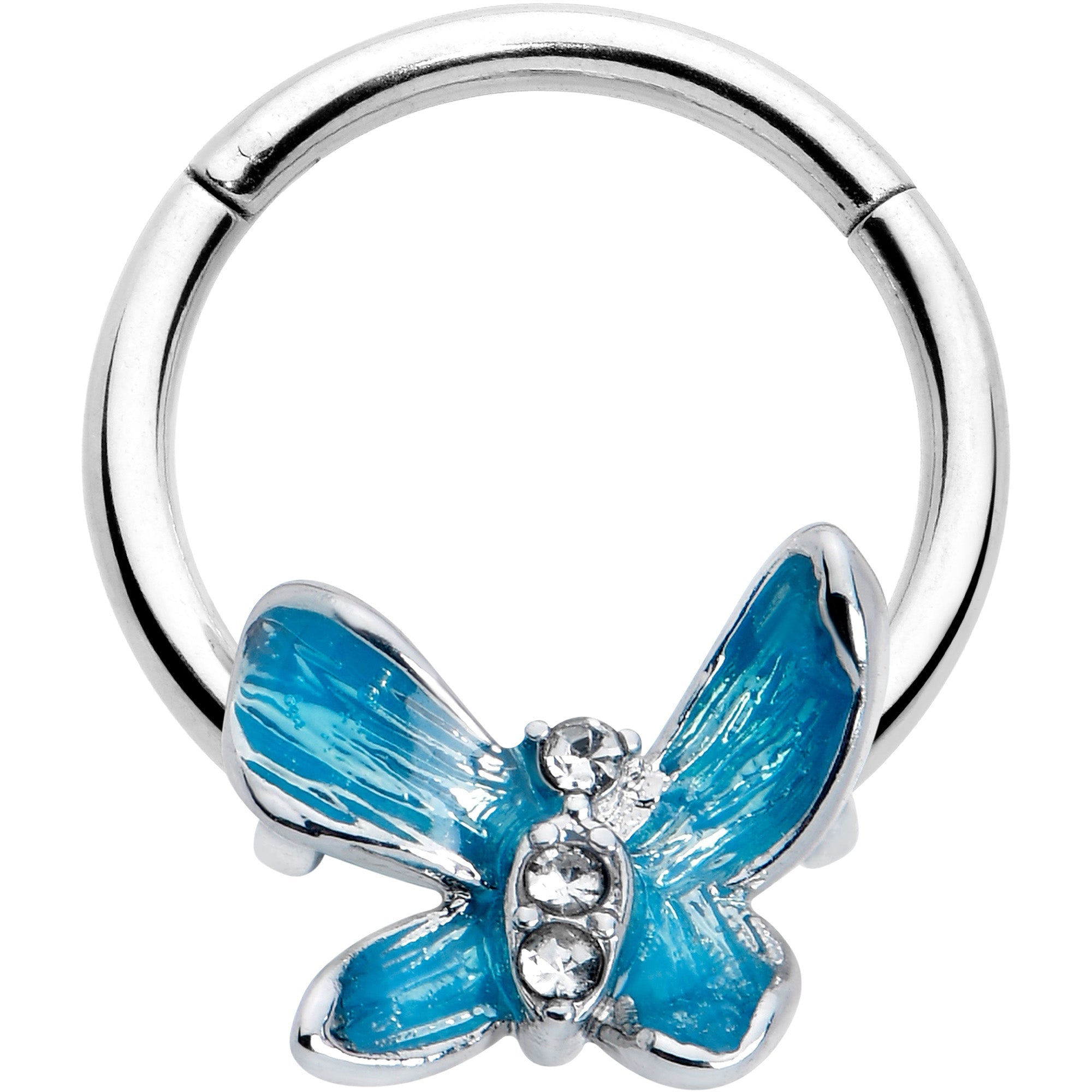 BodyCandy 16G 3/8 Clear Gem Chunky Butterfly Blue Hinged Segment Ring — main product shot