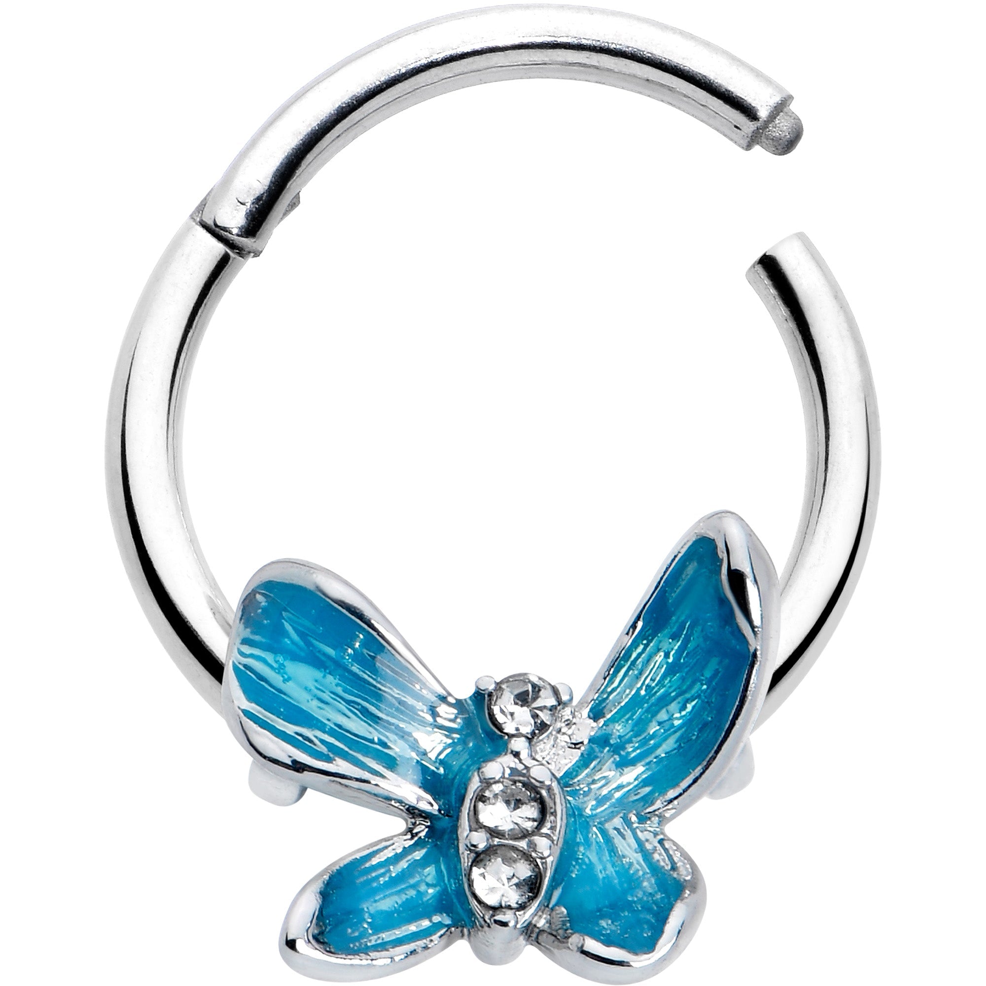 BodyCandy 16G 3/8 Clear Gem Chunky Butterfly Blue Hinged Segment Ring — detail close-up