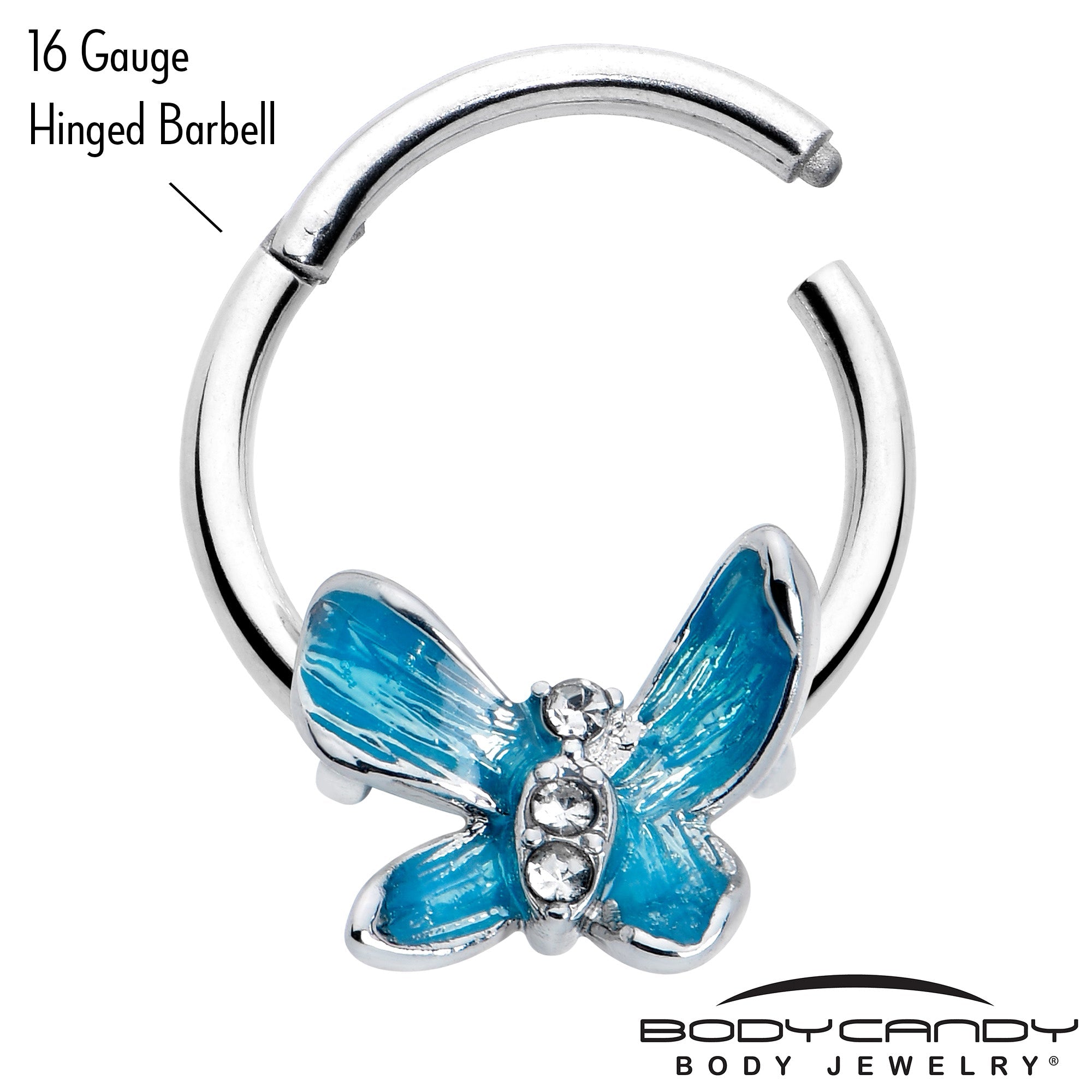 BodyCandy 16G 3/8 Clear Gem Chunky Butterfly Blue Hinged Segment Ring — side view