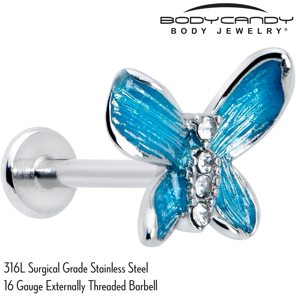 BodyCandy 16G 5/16 Clear Gem Chunky Butterfly Blue Labret Monroe Tragus — side view