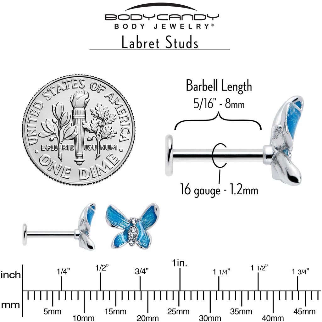 BodyCandy 16G 5/16 Clear Gem Chunky Butterfly Blue Labret Monroe Tragus — back view