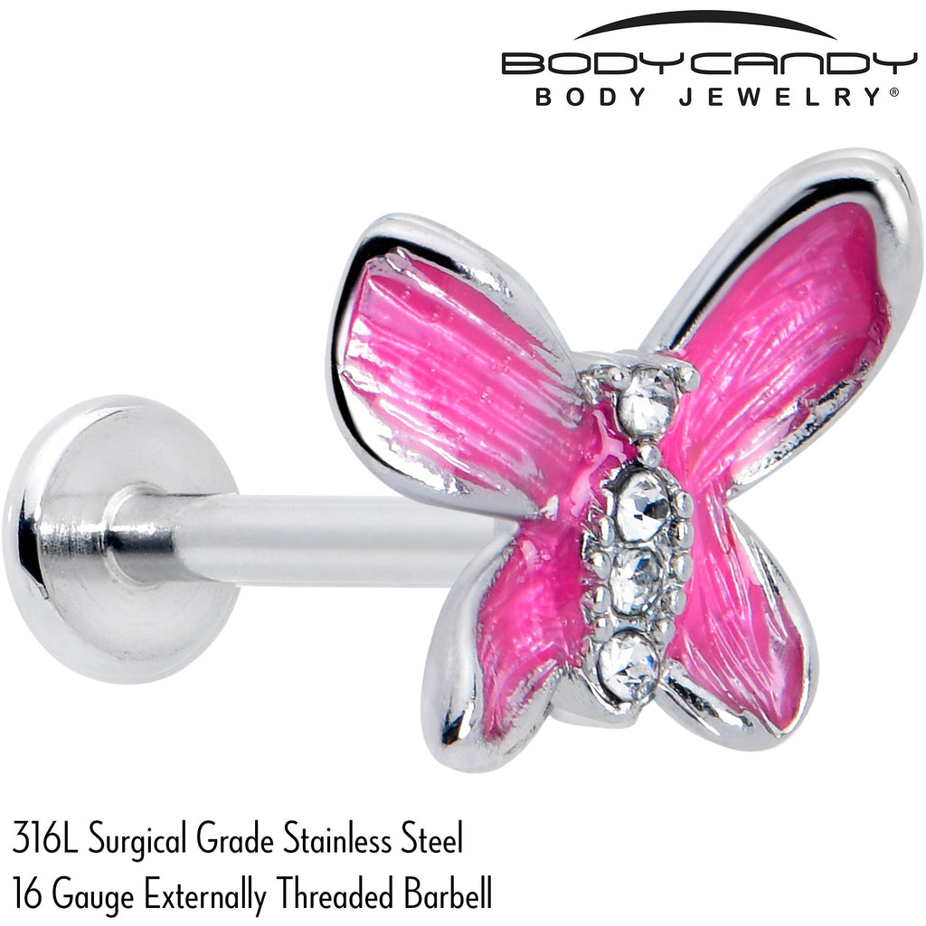 BodyCandy 16G 5/16 Clear Gem Chunky Butterfly Pink Labret Monroe Tragus — side view