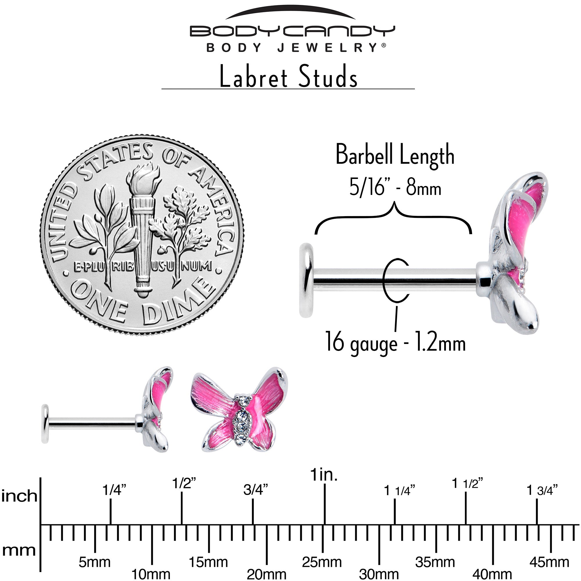 BodyCandy 16G 5/16 Clear Gem Chunky Butterfly Pink Labret Monroe Tragus — back view