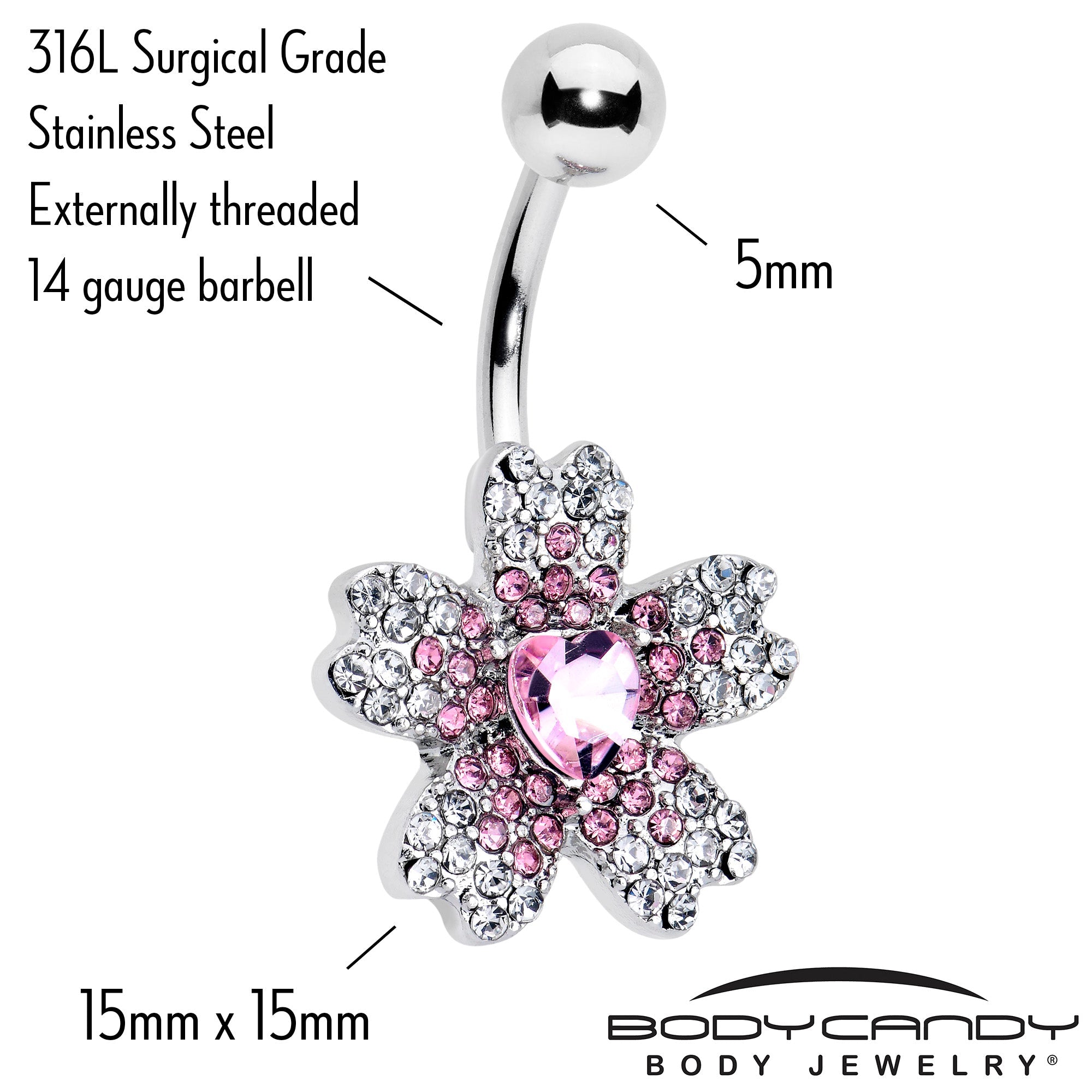 BodyCandy Clear Pink Gem Heart in Flower Belly Ring — lifestyle context