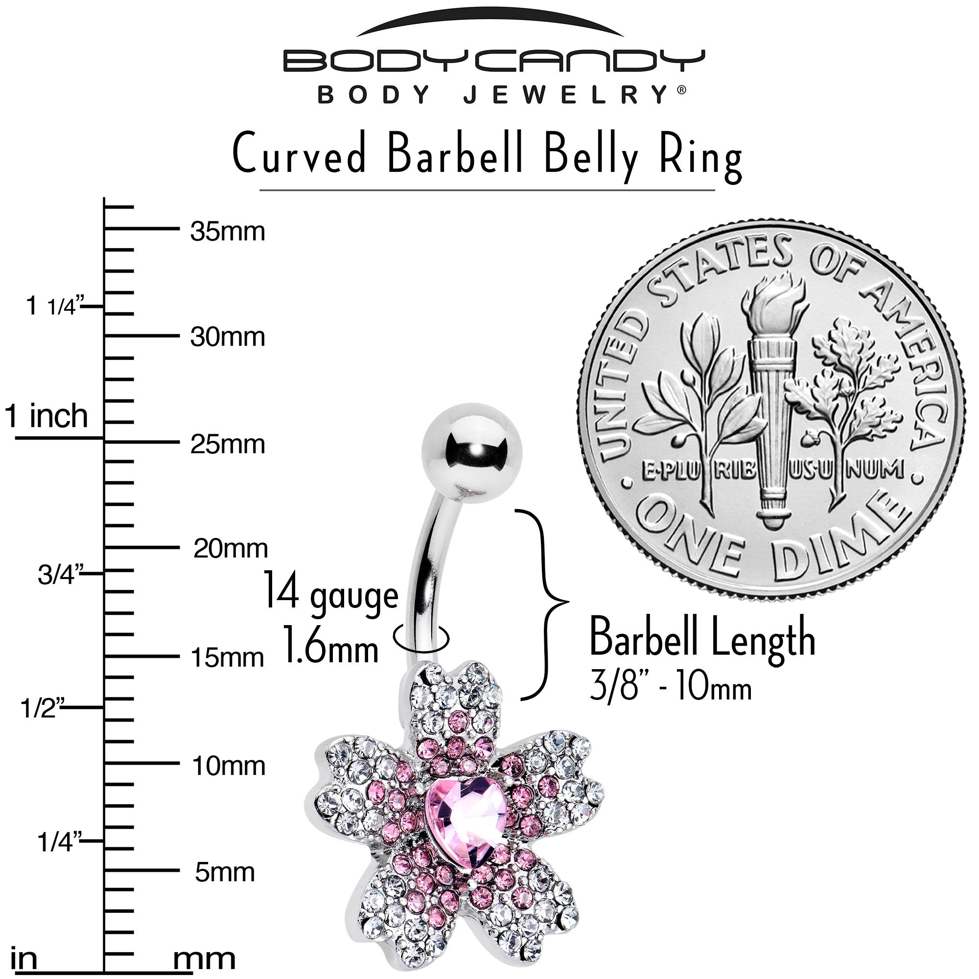 BodyCandy Clear Pink Gem Heart in Flower Belly Ring — side view