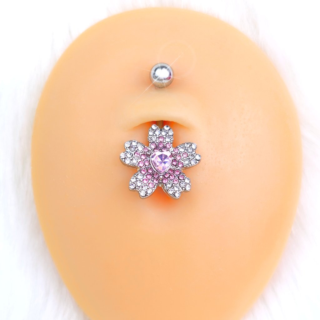 BodyCandy Clear Pink Gem Heart in Flower Belly Ring — detail close-up