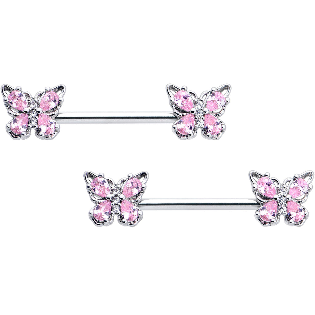 BodyCandy 14G 9/16 Pink Gem Baroque Beauty Butterfly Barbell Nipple Ring Set — main product shot