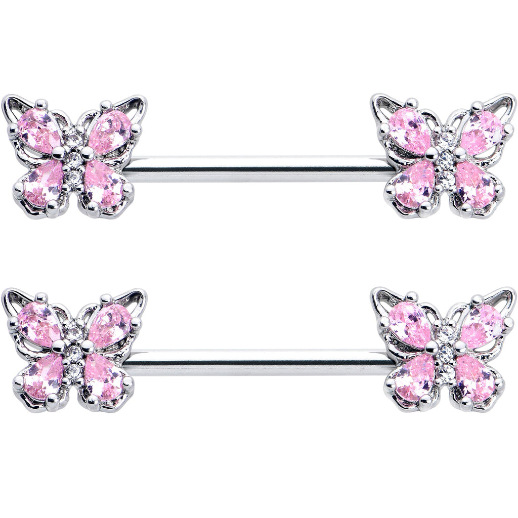 BodyCandy 14G 9/16 Pink Gem Baroque Beauty Butterfly Barbell Nipple Ring Set — detail close-up