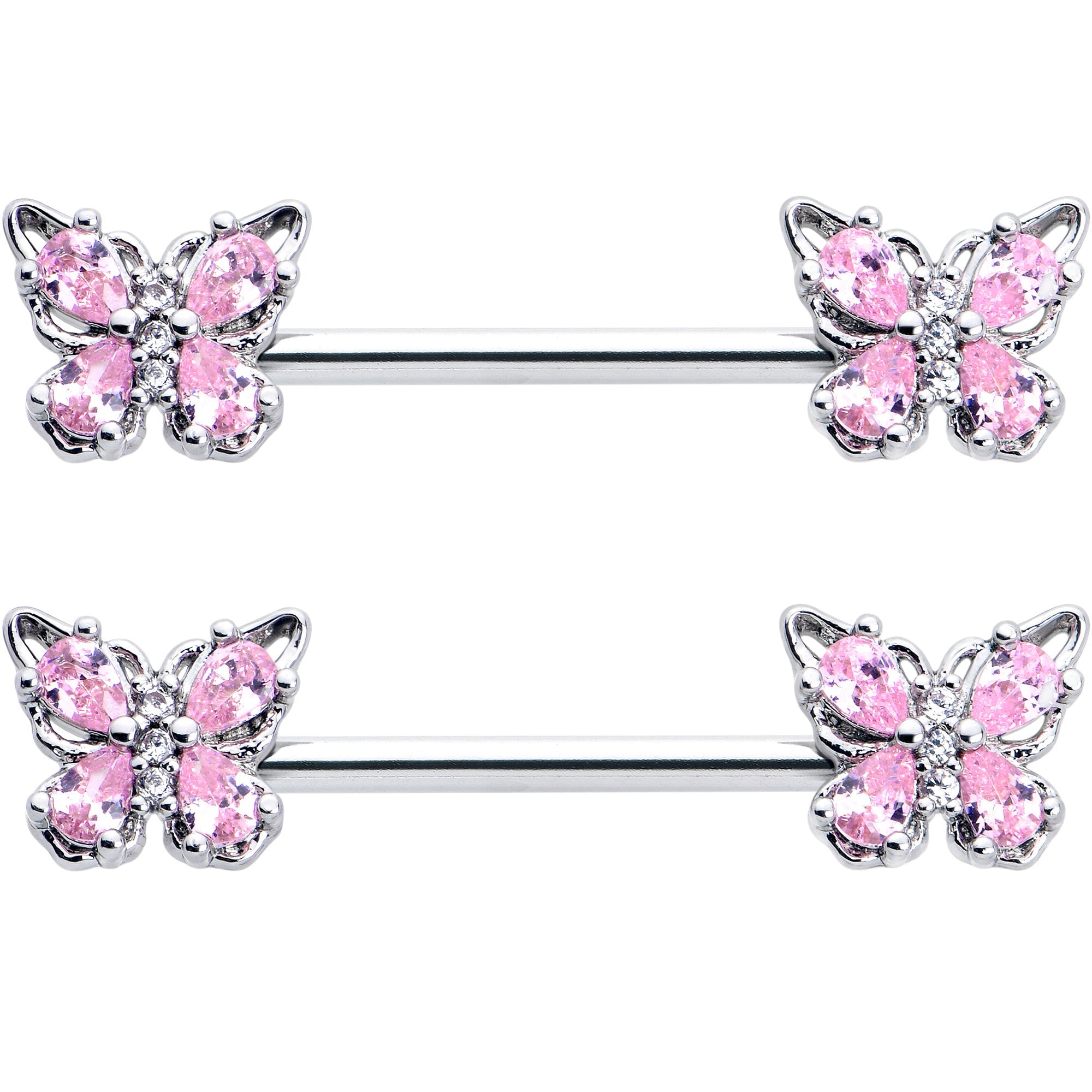 BodyCandy 14G 9/16 Pink Gem Baroque Beauty Butterfly Barbell Nipple Ring Set — detail close-up