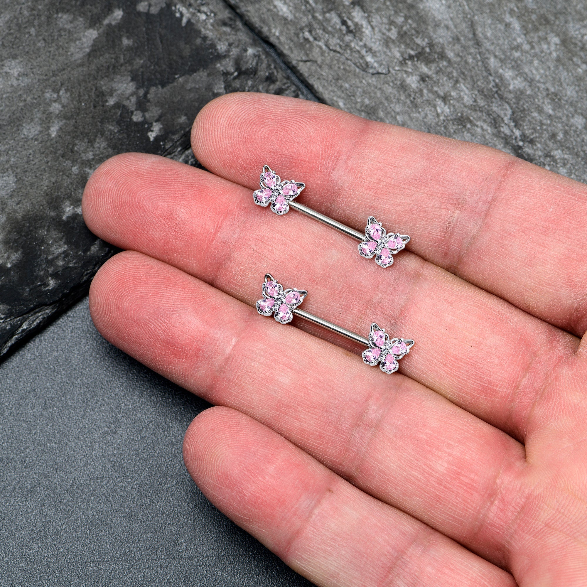 BodyCandy 14G 9/16 Pink Gem Baroque Beauty Butterfly Barbell Nipple Ring Set — lifestyle context