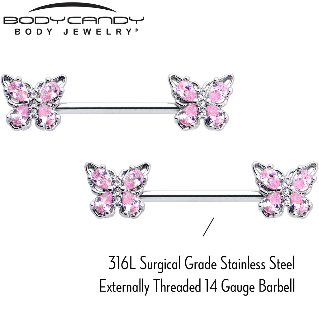 BodyCandy 14G 9/16 Pink Gem Baroque Beauty Butterfly Barbell Nipple Ring Set — side view
