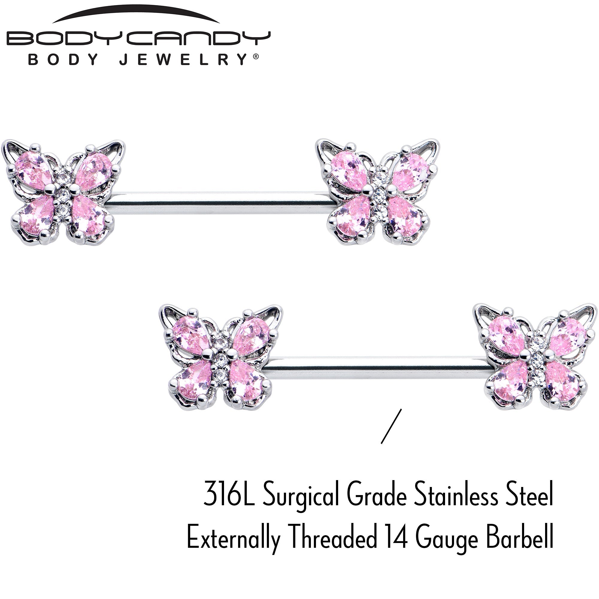 BodyCandy 14G 9/16 Pink Gem Baroque Beauty Butterfly Barbell Nipple Ring Set — side view
