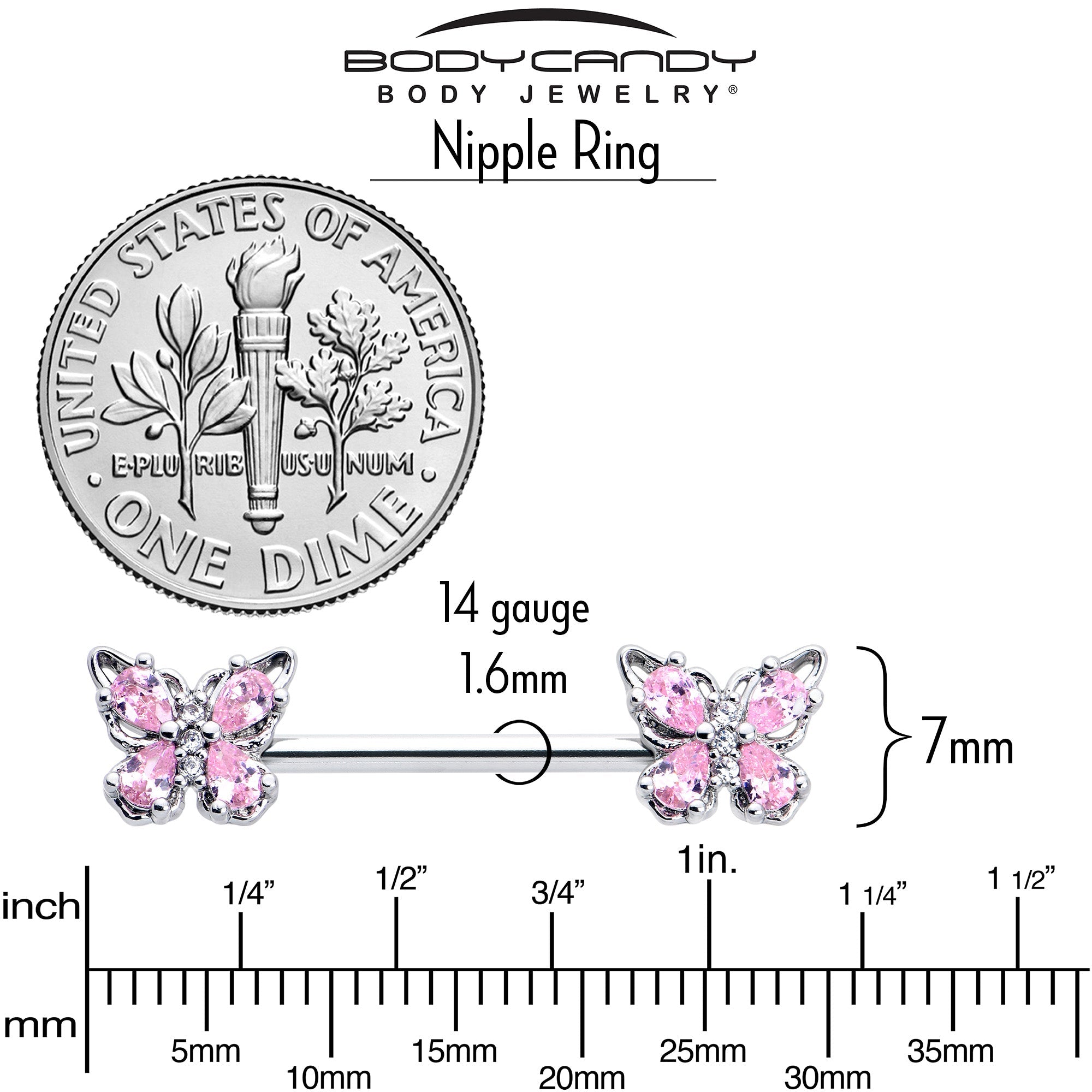 BodyCandy 14G 9/16 Pink Gem Baroque Beauty Butterfly Barbell Nipple Ring Set — back view