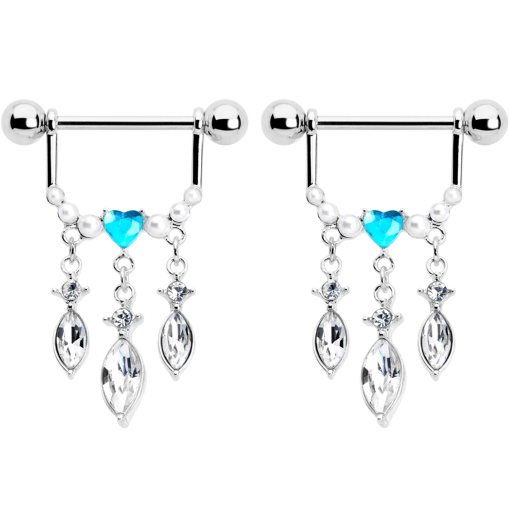BodyCandy 14G 9/16 Blue Gem Heart Triple Drop Dangle Nipple Ring Set — detail close-up