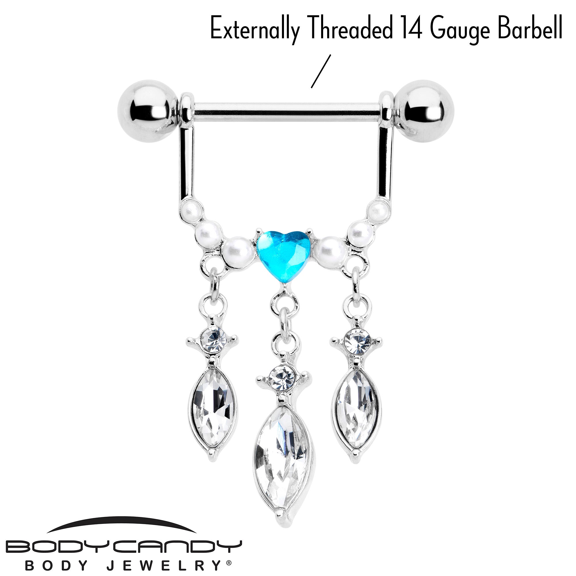 BodyCandy 14G 9/16 Blue Gem Heart Triple Drop Dangle Nipple Ring Set — lifestyle context