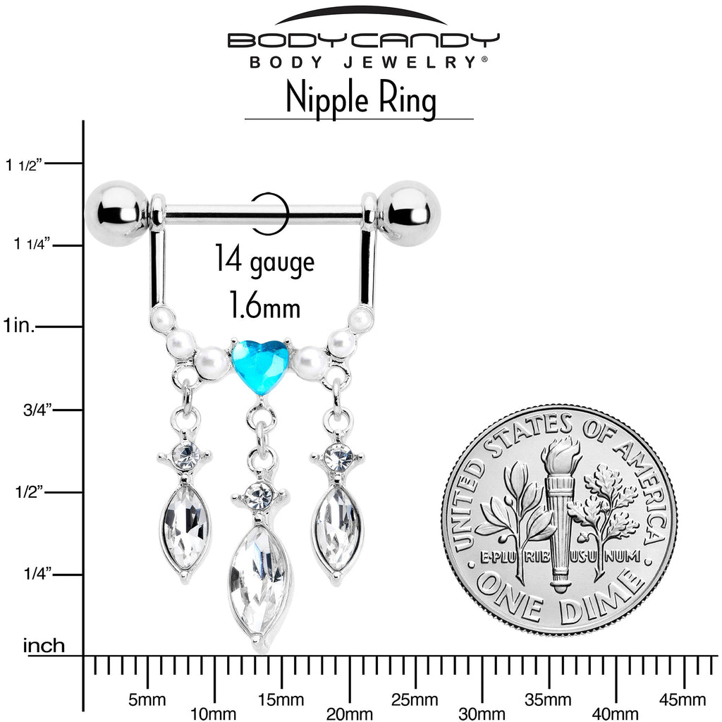 BodyCandy 14G 9/16 Blue Gem Heart Triple Drop Dangle Nipple Ring Set — side view