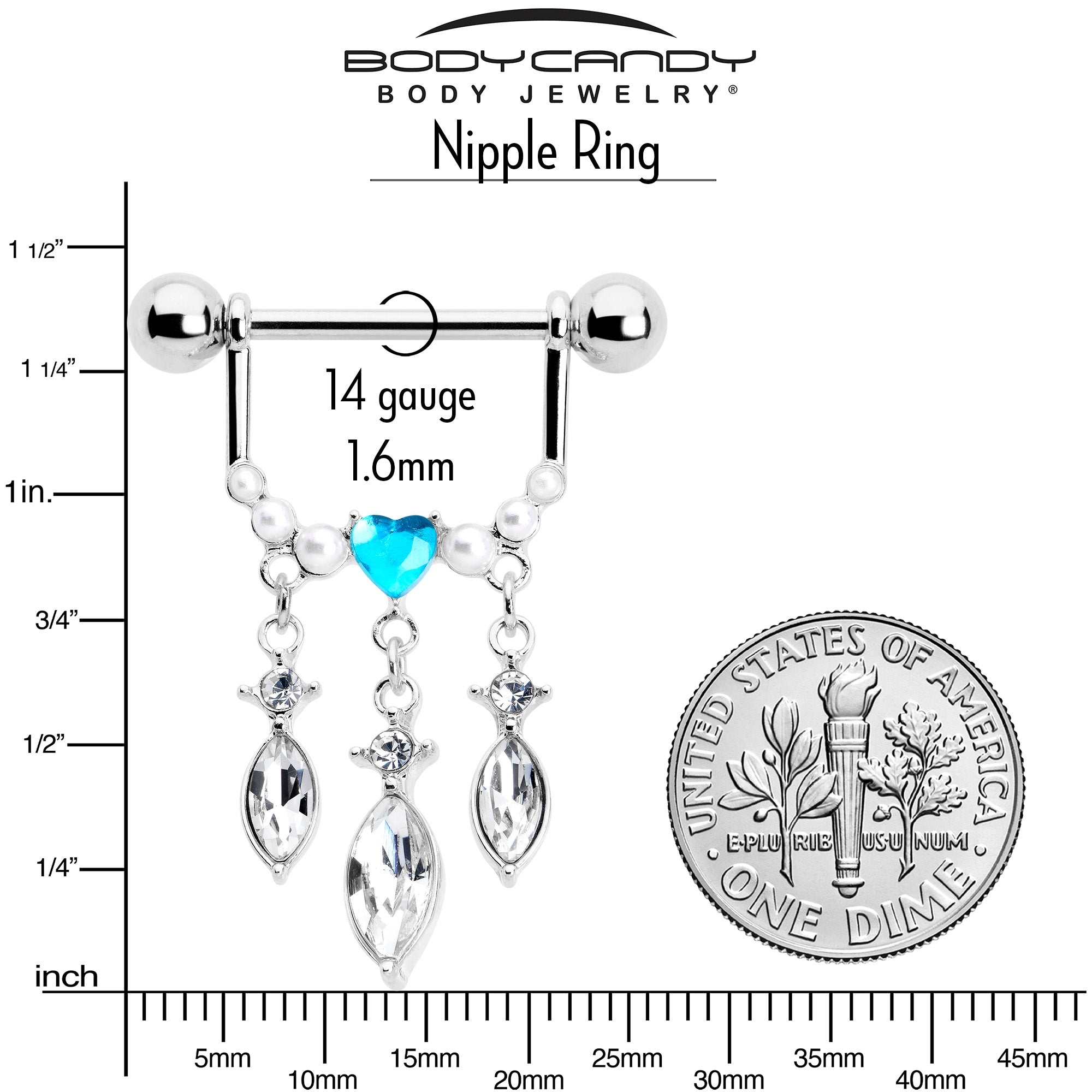 BodyCandy 14G 9/16 Blue Gem Heart Triple Drop Dangle Nipple Ring Set — side view