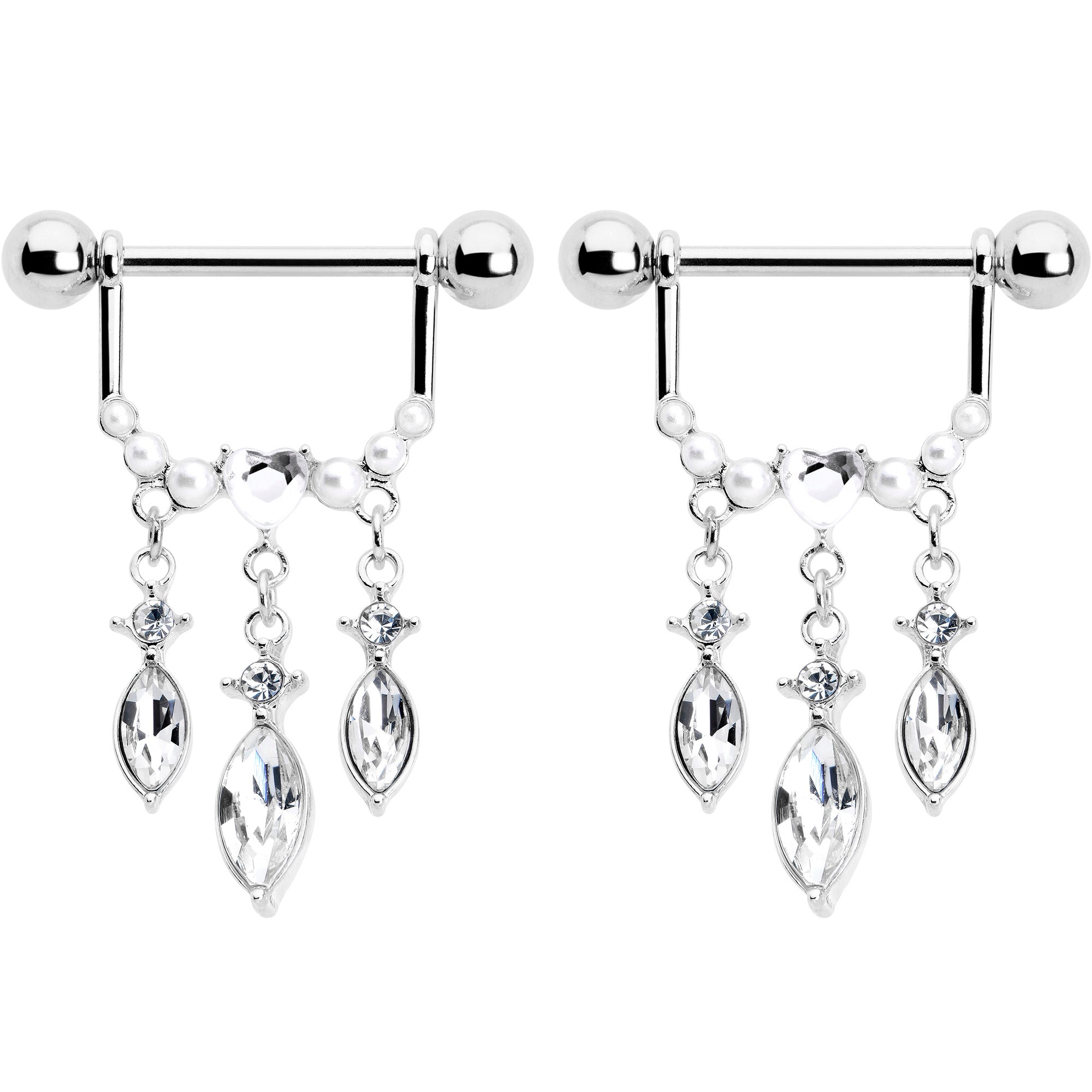 BodyCandy 14G 9/16 Clear Gem Heart Triple Drop Dangle Nipple Ring Set — detail close-up