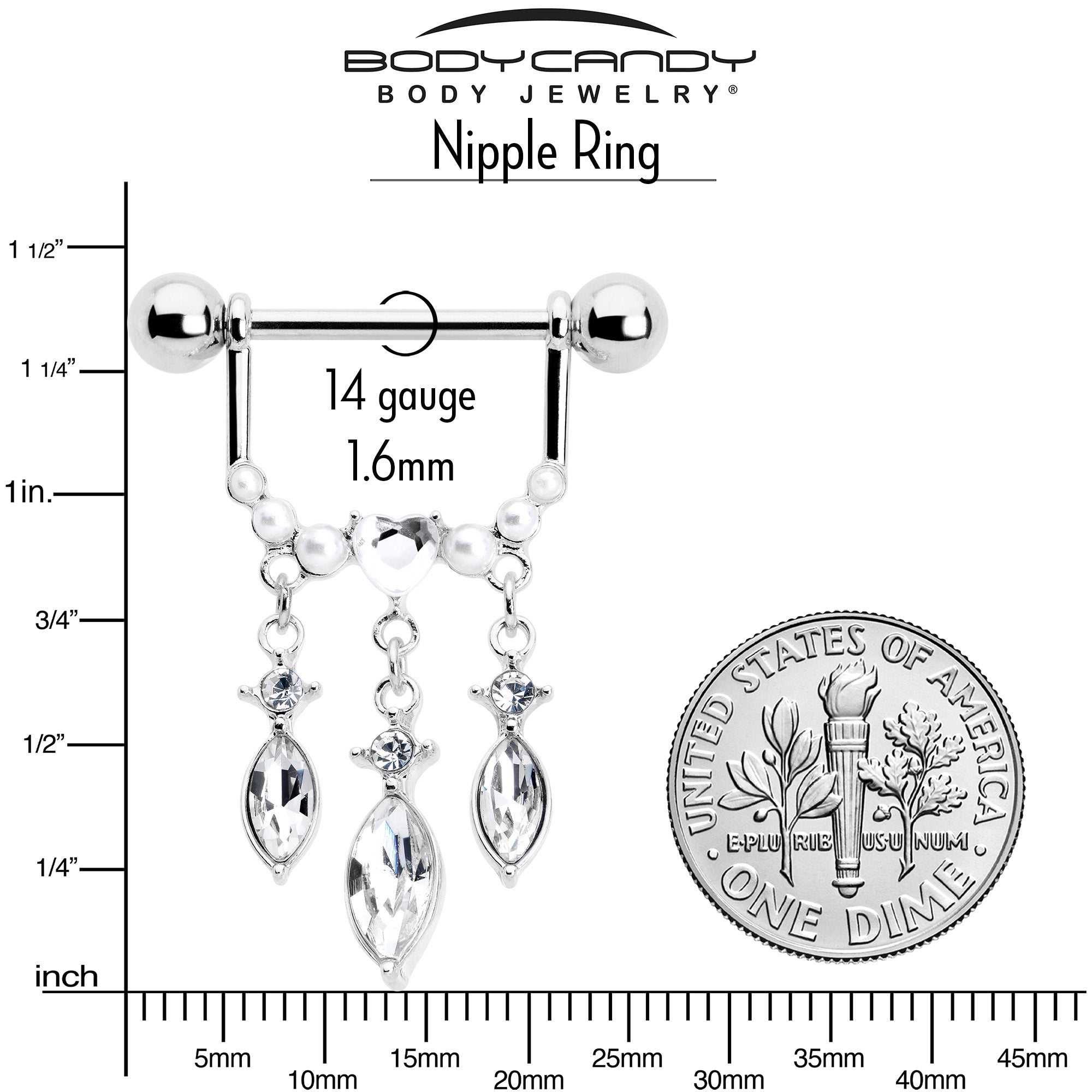BodyCandy 14G 9/16 Clear Gem Heart Triple Drop Dangle Nipple Ring Set — side view