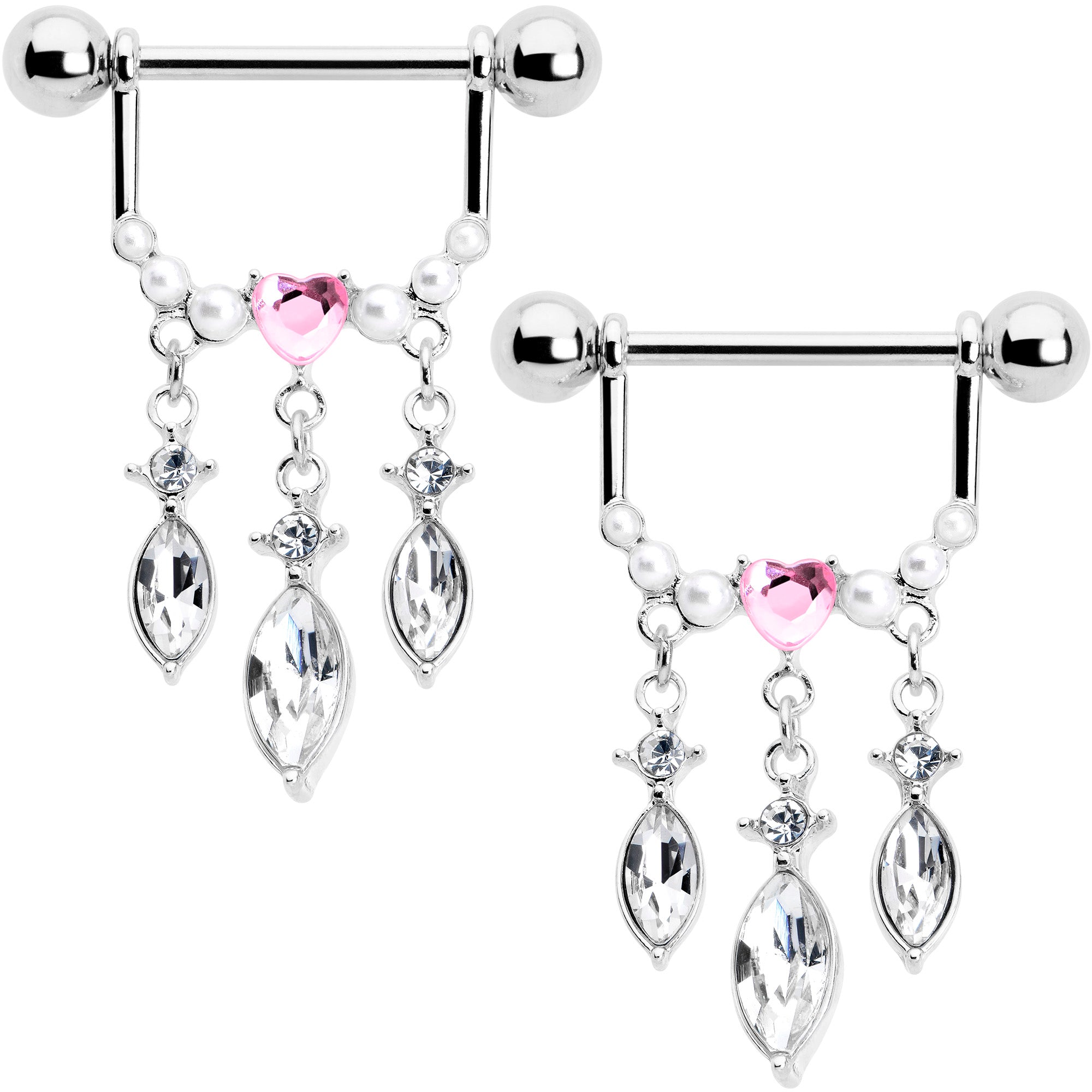BodyCandy 14G 9/16 Pink Gem Heart Triple Drop Dangle Nipple Ring Set — main product shot