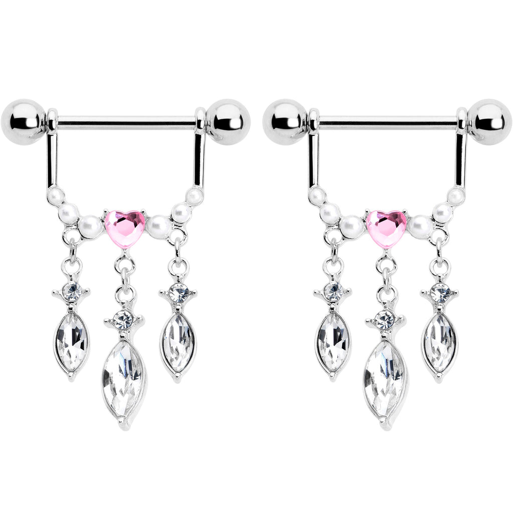 BodyCandy 14G 9/16 Pink Gem Heart Triple Drop Dangle Nipple Ring Set — detail close-up
