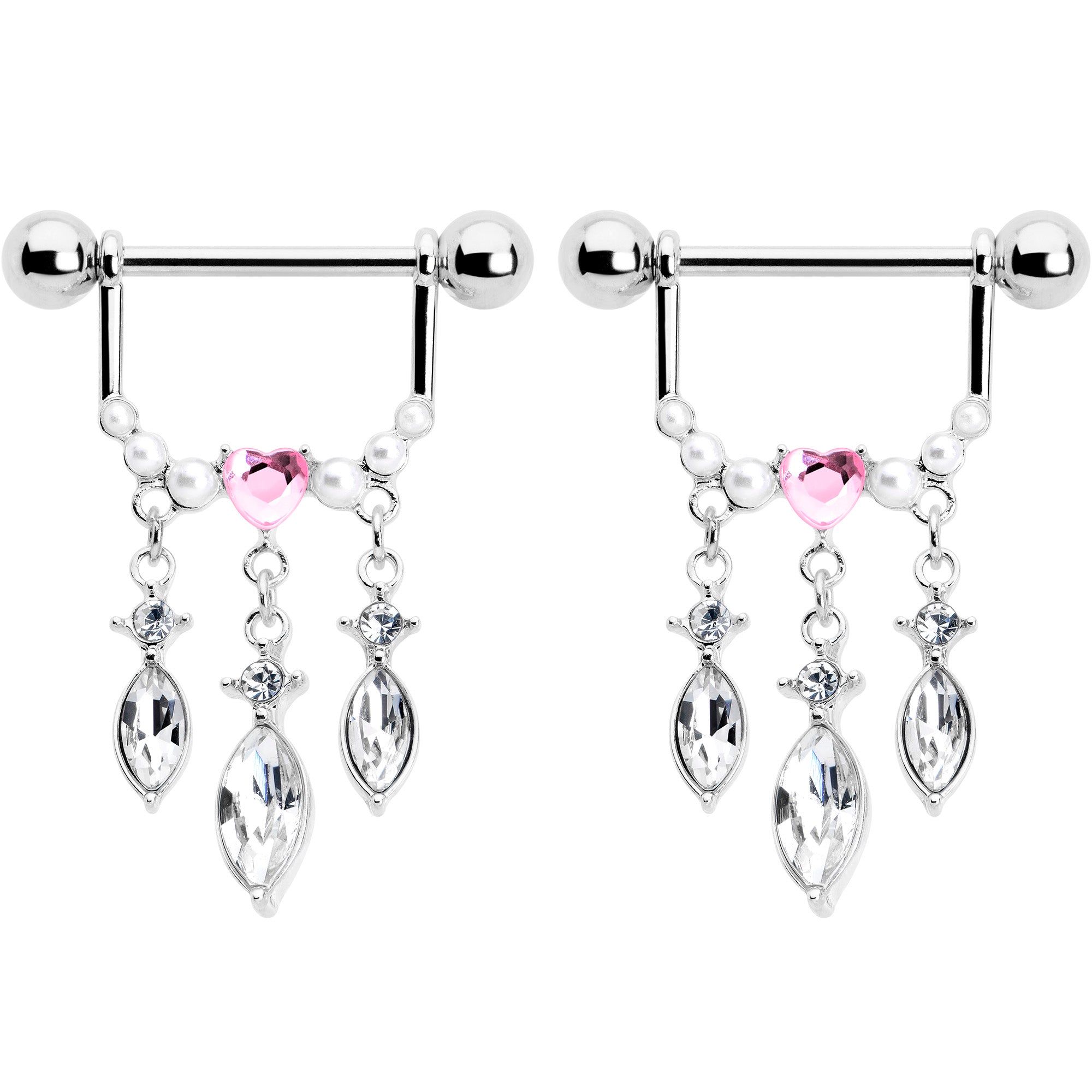 BodyCandy 14G 9/16 Pink Gem Heart Triple Drop Dangle Nipple Ring Set — detail close-up