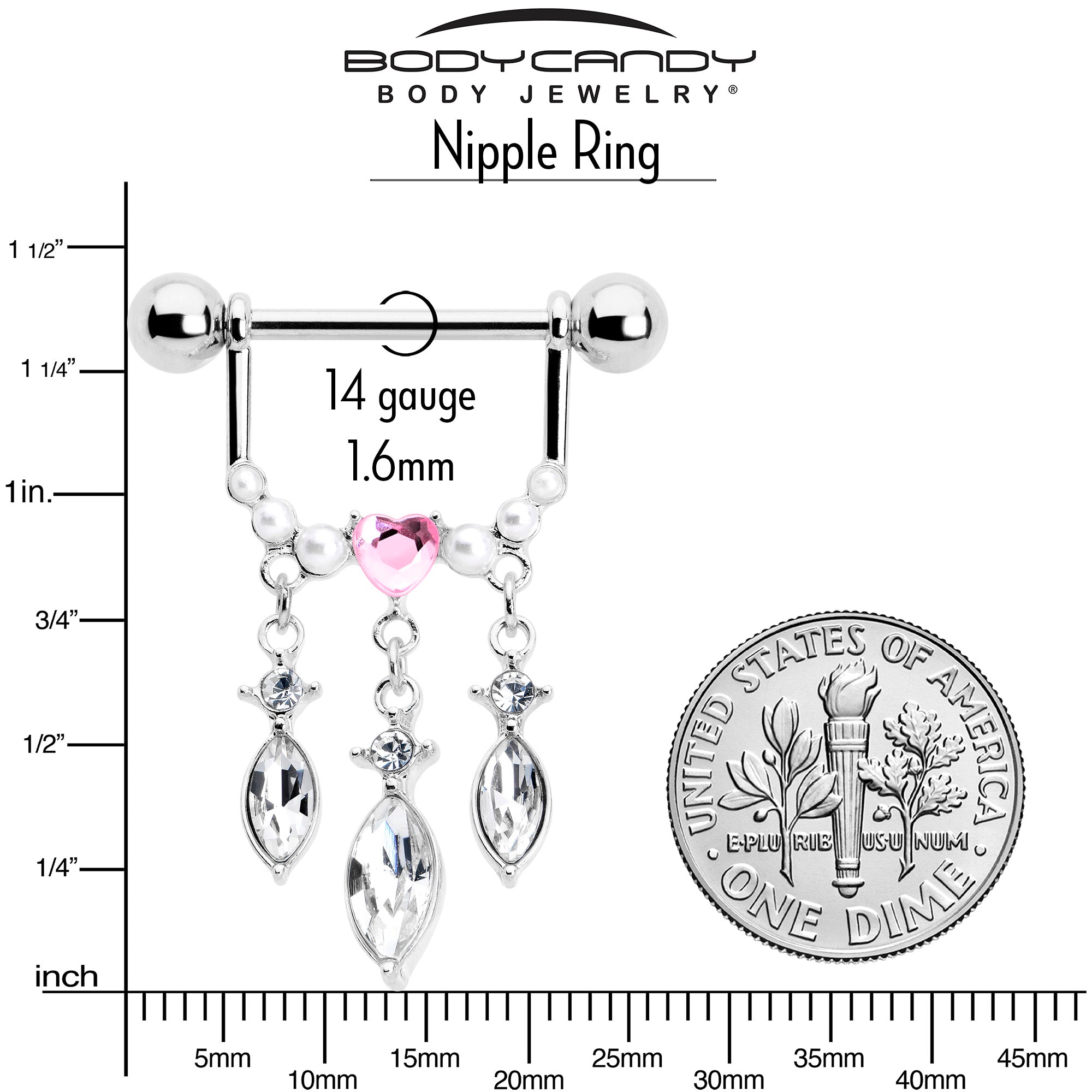 BodyCandy 14G 9/16 Pink Gem Heart Triple Drop Dangle Nipple Ring Set — side view