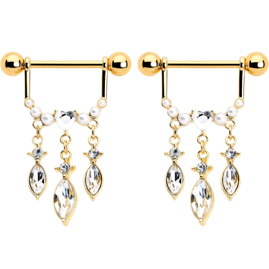 BodyCandy 14G 9/16 Clear Gem Gold Tone Heart Triple Dangle Nipple Ring Set — detail close-up