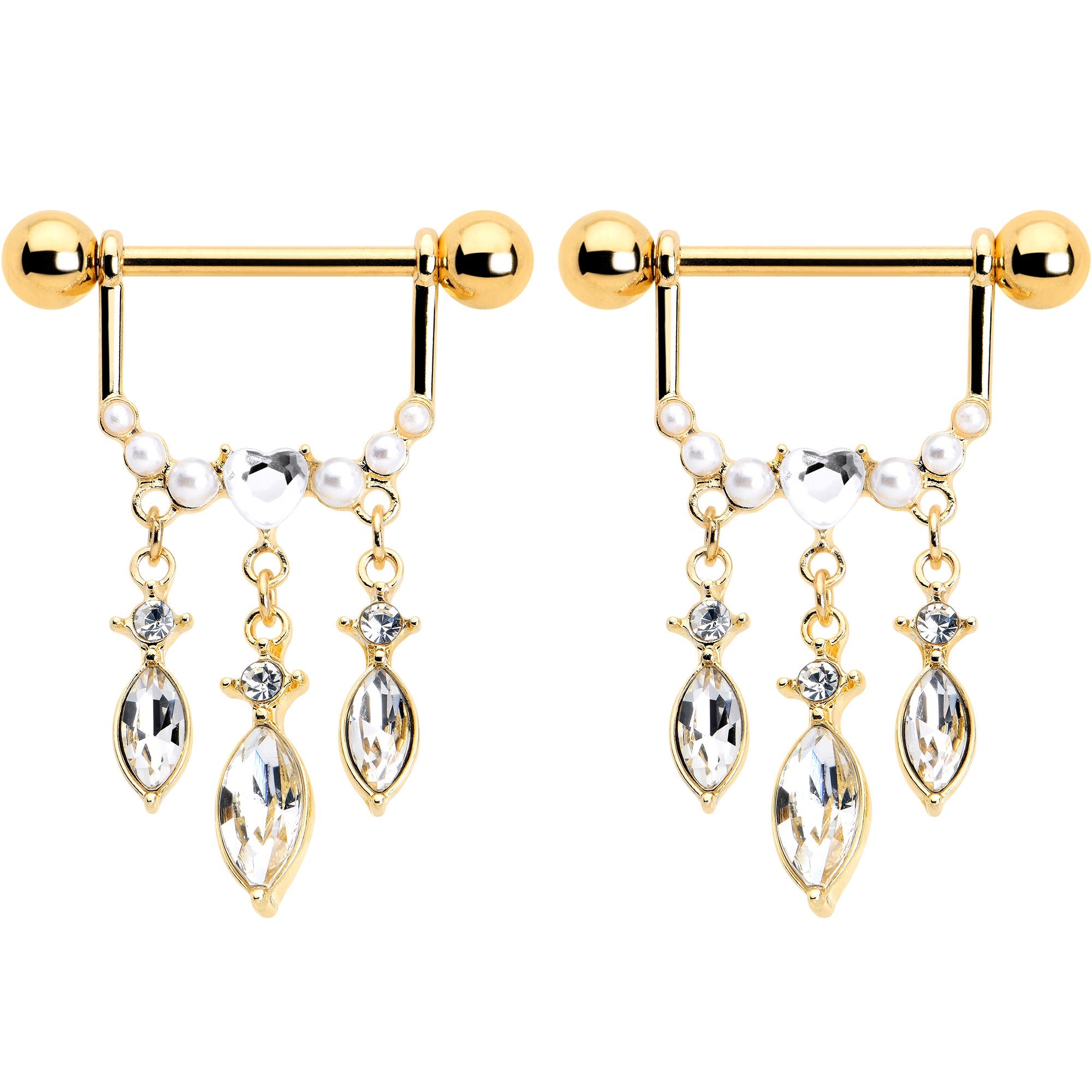 BodyCandy 14G 9/16 Clear Gem Gold Tone Heart Triple Dangle Nipple Ring Set — detail close-up