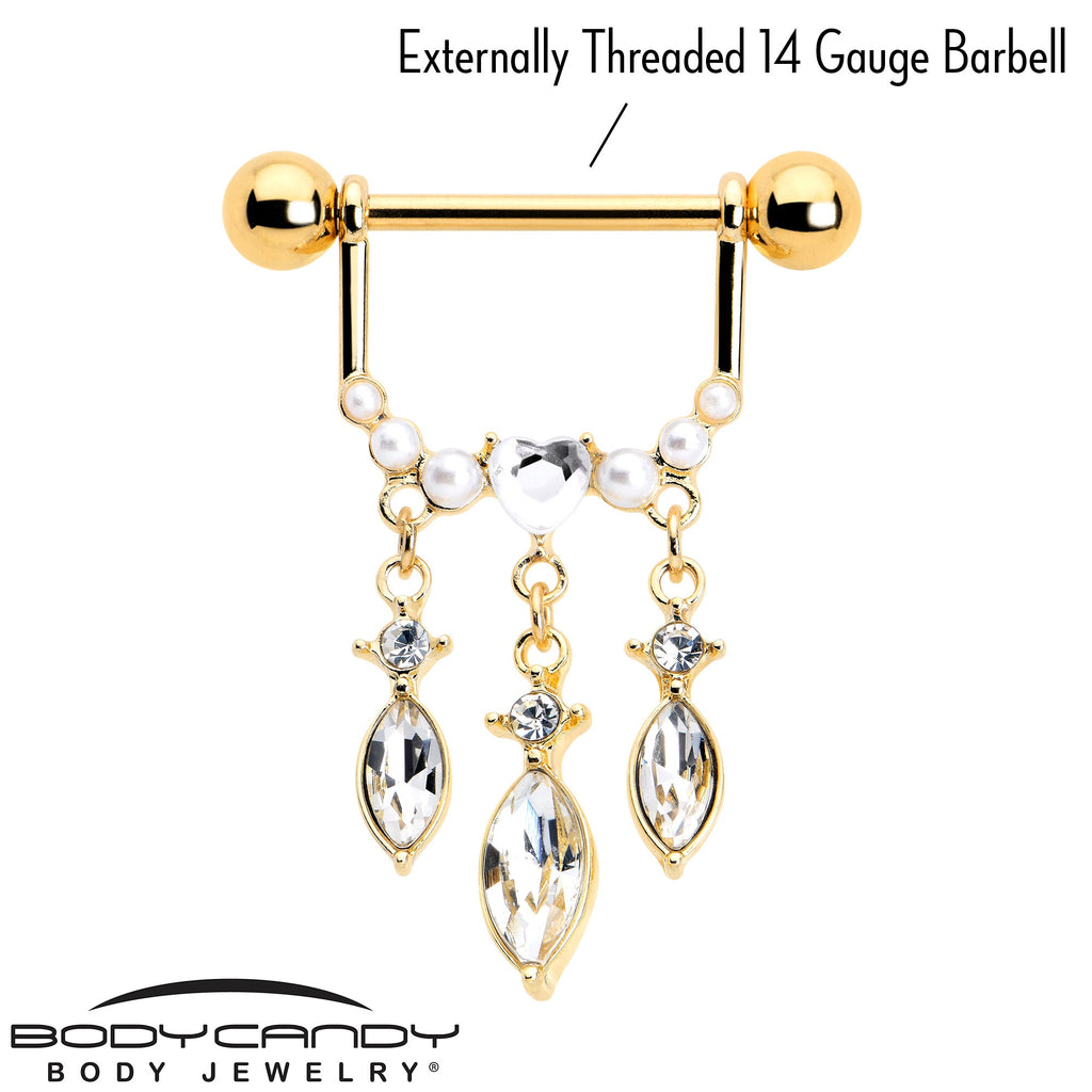 BodyCandy 14G 9/16 Clear Gem Gold Tone Heart Triple Dangle Nipple Ring Set — lifestyle context