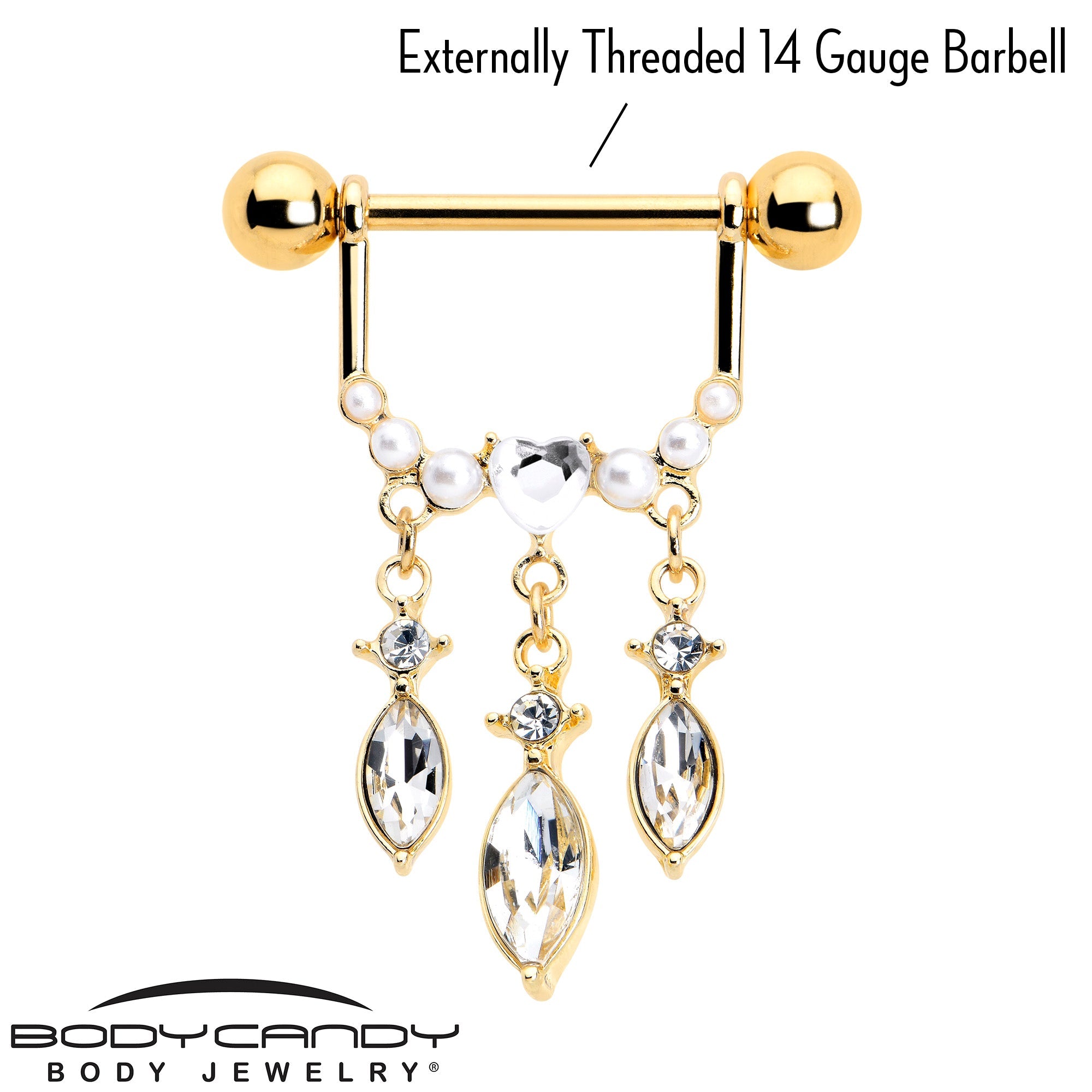 BodyCandy 14G 9/16 Clear Gem Gold Tone Heart Triple Dangle Nipple Ring Set — lifestyle context