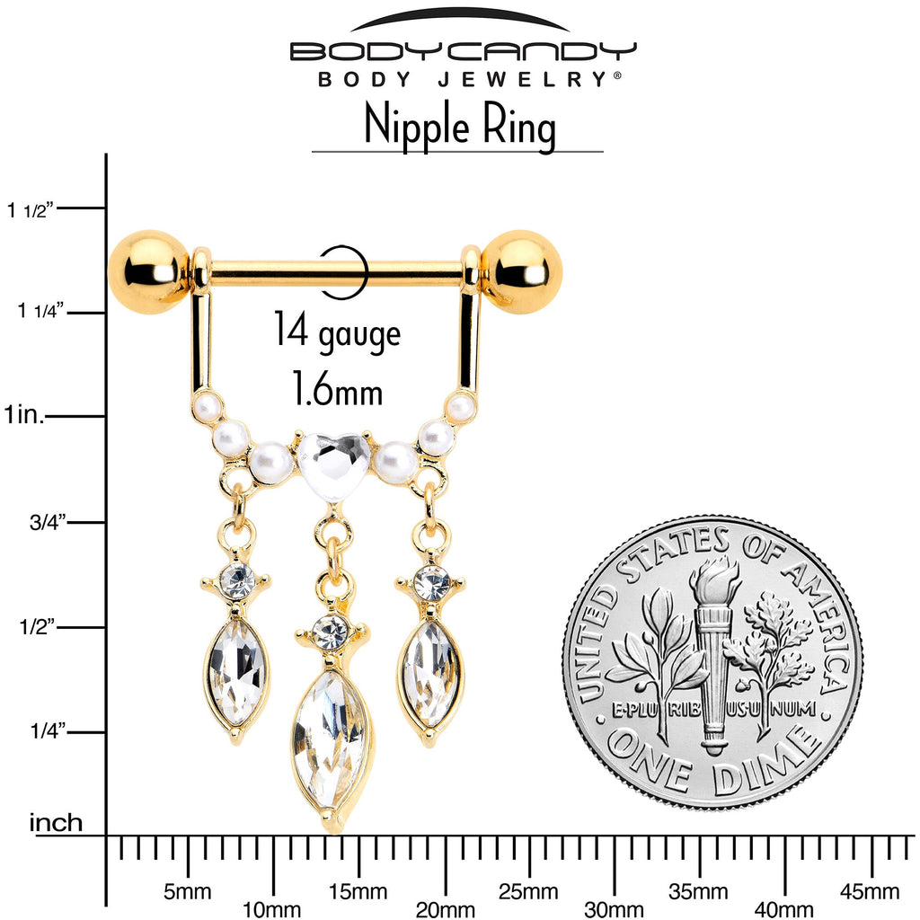 BodyCandy 14G 9/16 Clear Gem Gold Tone Heart Triple Dangle Nipple Ring Set — side view