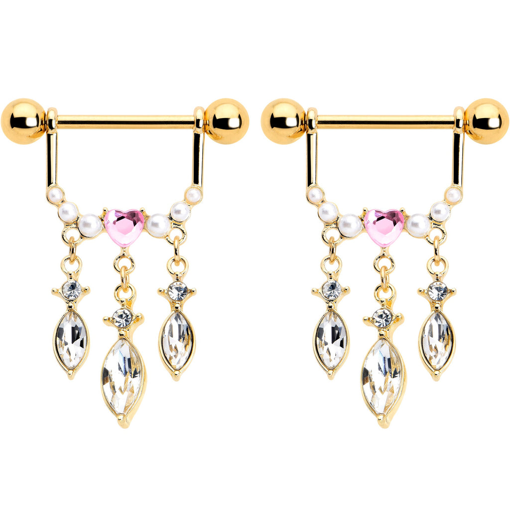 BodyCandy 14G 9/16 Pink Gem Gold Tone Heart Triple Dangle Nipple Ring Set — lifestyle context