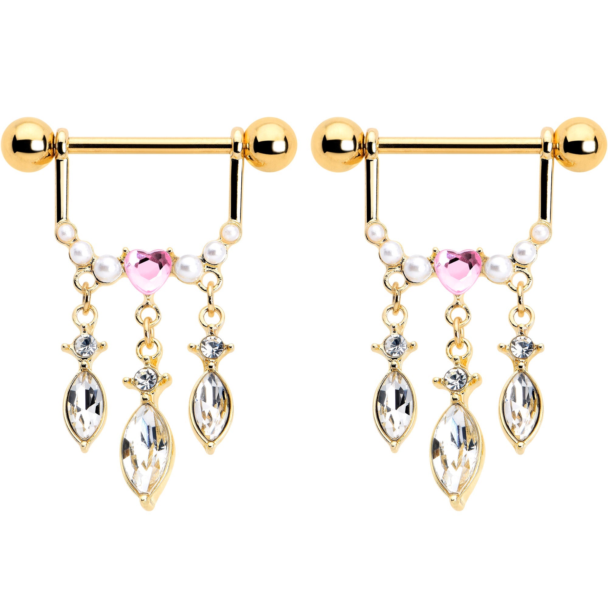 BodyCandy 14G 9/16 Pink Gem Gold Tone Heart Triple Dangle Nipple Ring Set — lifestyle context