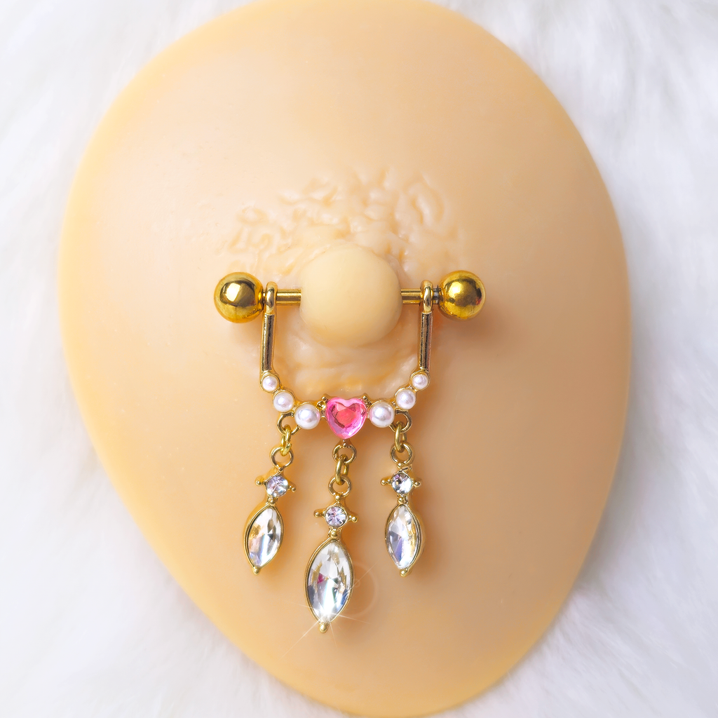 BodyCandy 14G 9/16 Pink Gem Gold Tone Heart Triple Dangle Nipple Ring Set — detail close-up