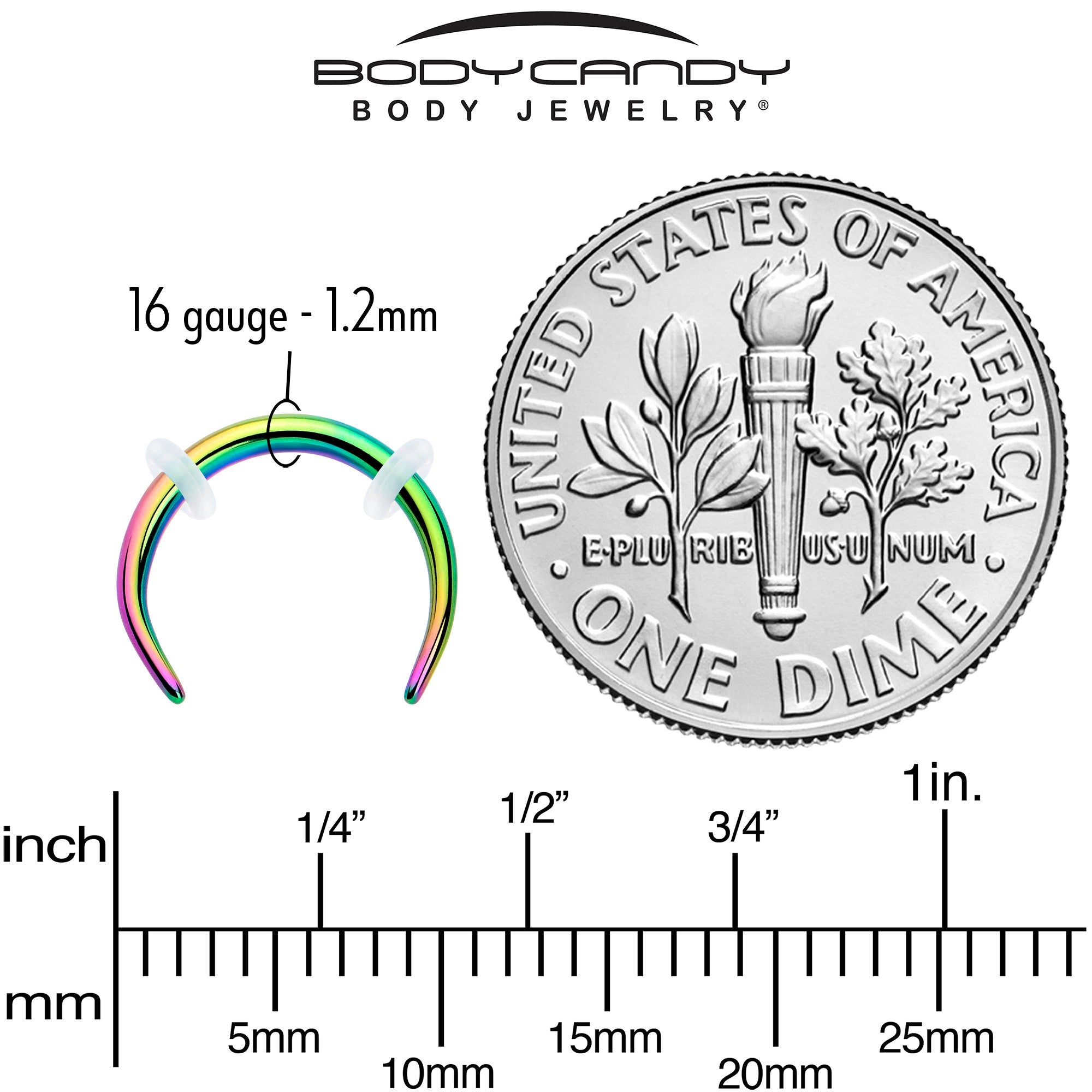 BodyCandy 16G 5/16 Rainbow Pincher Crescent Taper — side view