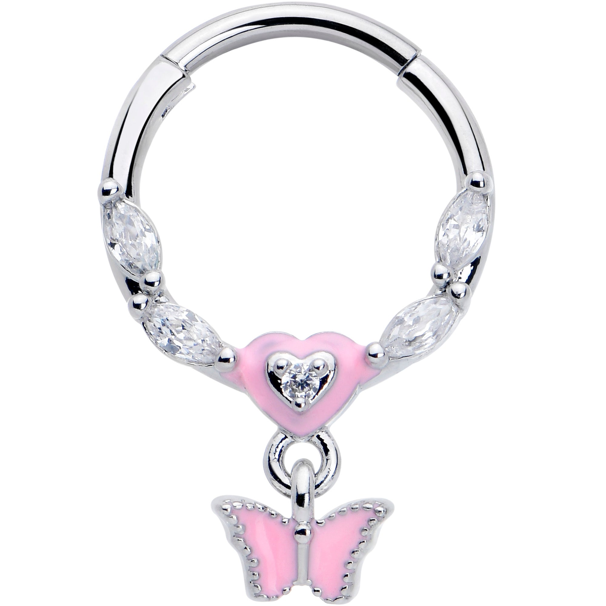 BodyCandy 16G 3/8 Clear CZ Gem Luv Butterfly Pink Dangle Hinged Segment Ring — main product shot