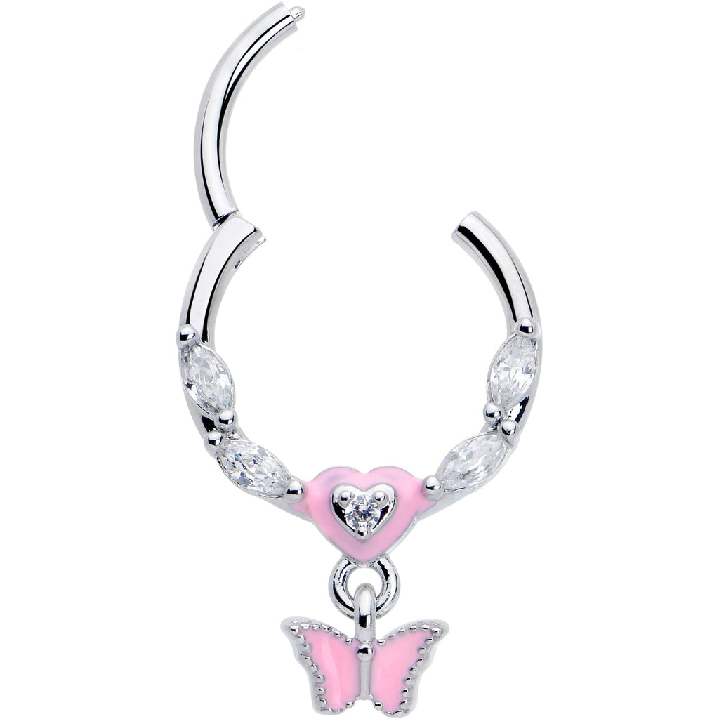 BodyCandy 16G 3/8 Clear CZ Gem Luv Butterfly Pink Dangle Hinged Segment Ring — lifestyle context