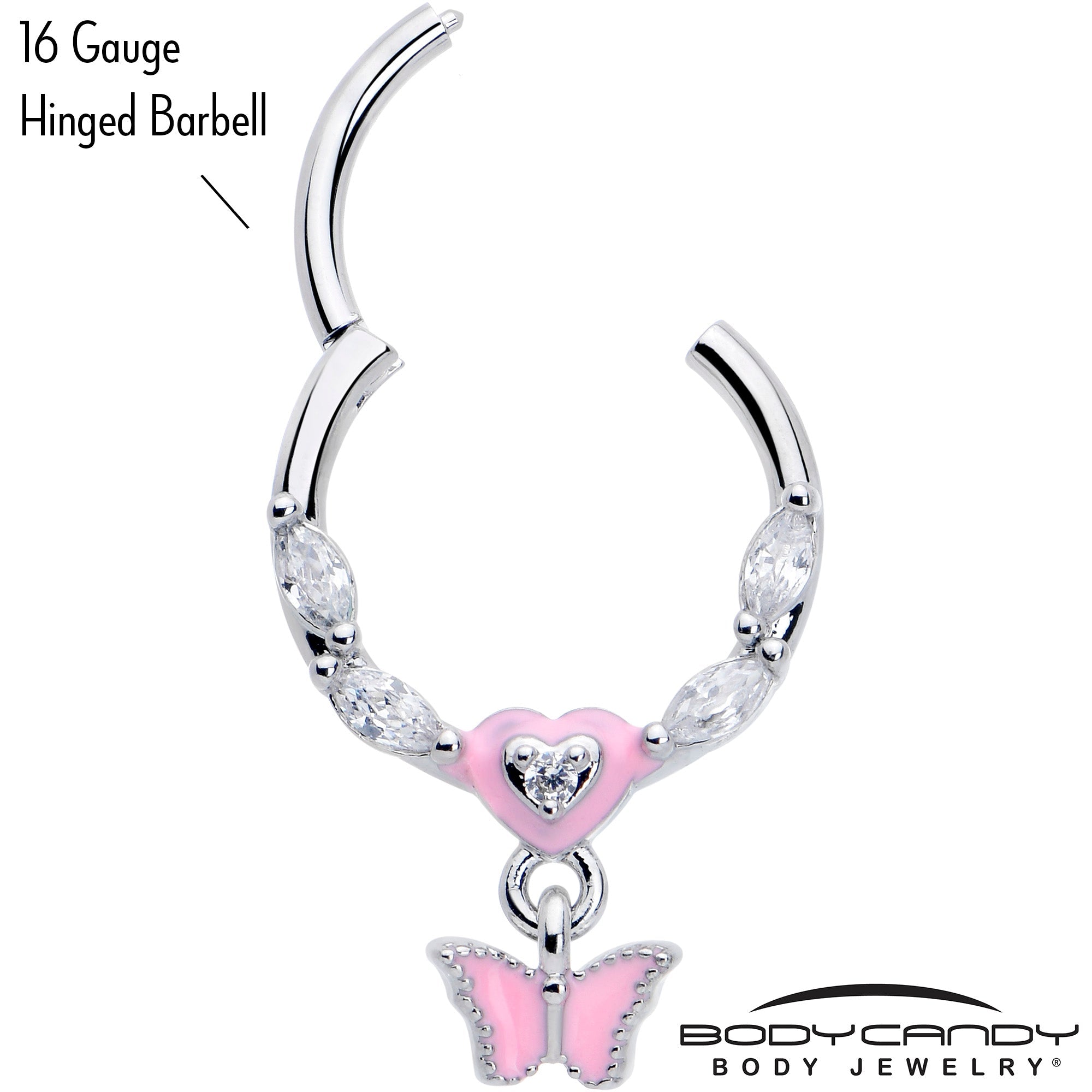 BodyCandy 16G 3/8 Clear CZ Gem Luv Butterfly Pink Dangle Hinged Segment Ring — side view