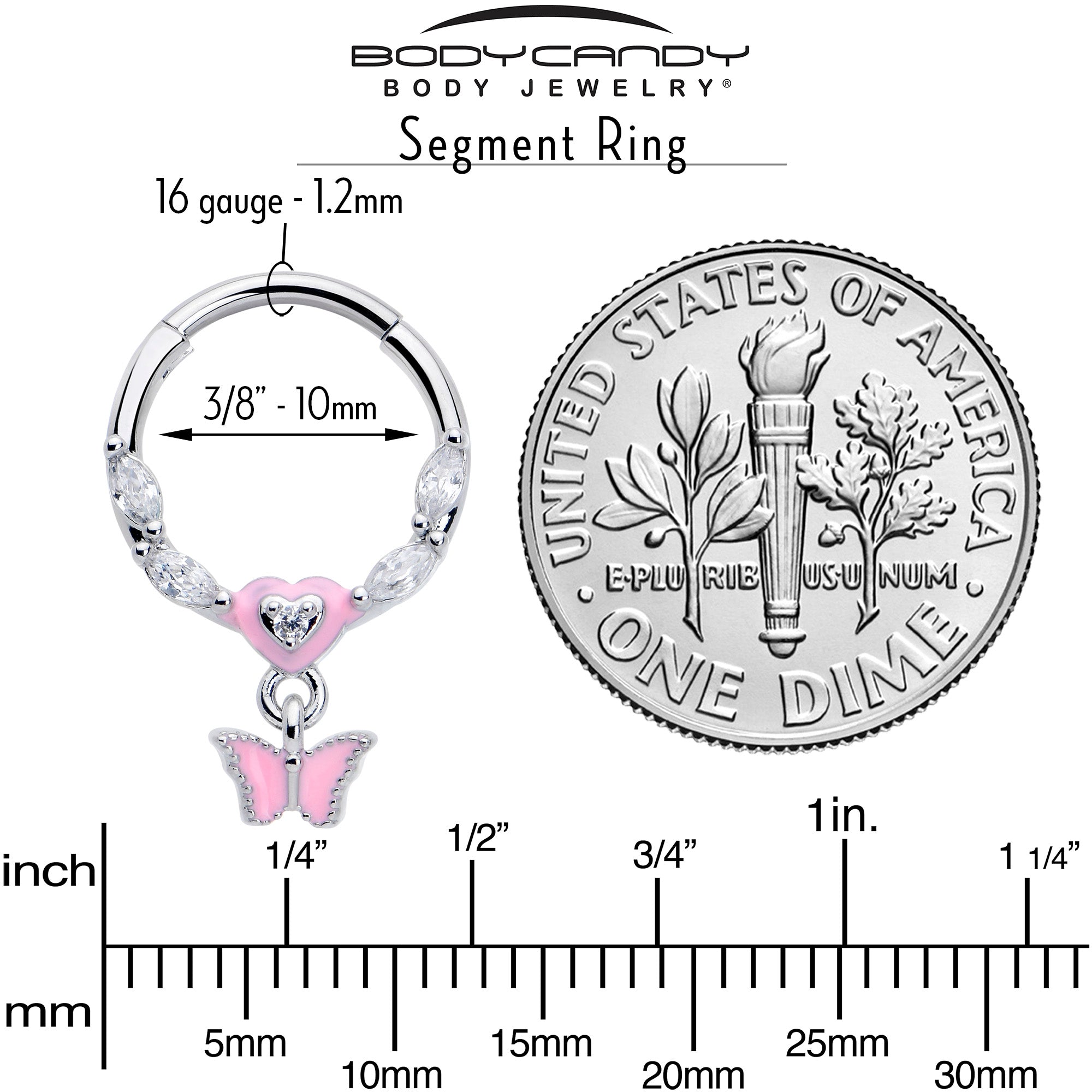 BodyCandy 16G 3/8 Clear CZ Gem Luv Butterfly Pink Dangle Hinged Segment Ring — back view