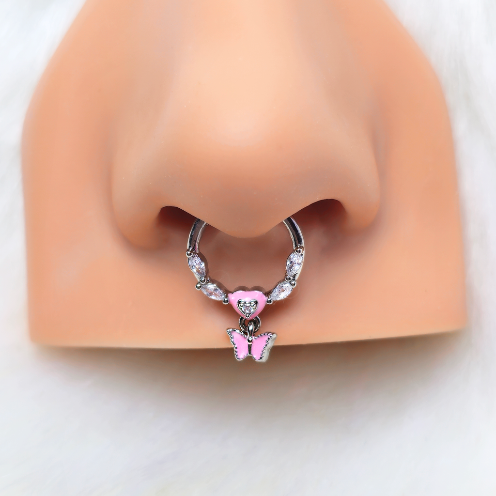 BodyCandy 16G 3/8 Clear CZ Gem Luv Butterfly Pink Dangle Hinged Segment Ring — detail close-up