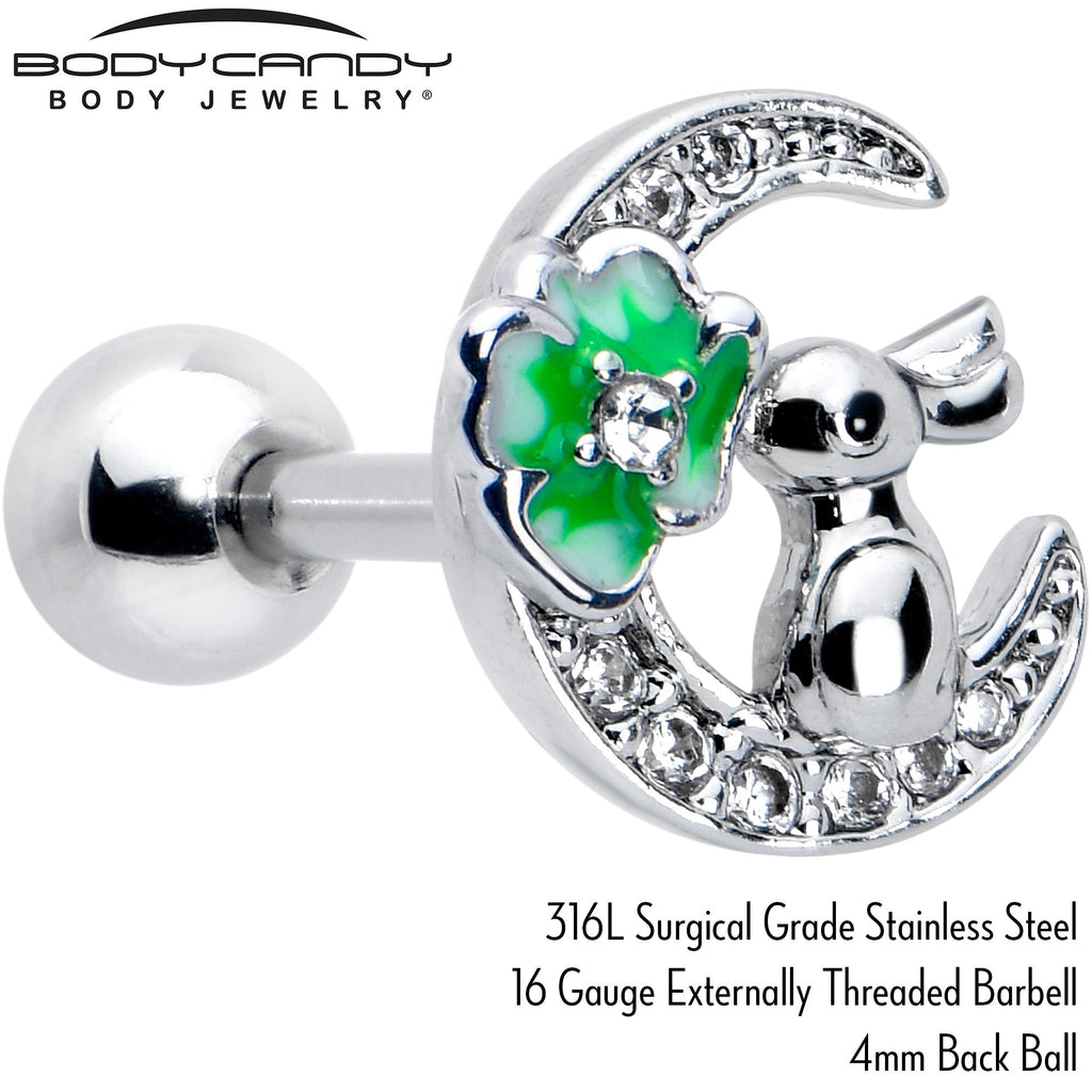 BodyCandy 16G 1/4 Clear CZ Gem Rabbit on the Moon Green Cartilage Earring — side view