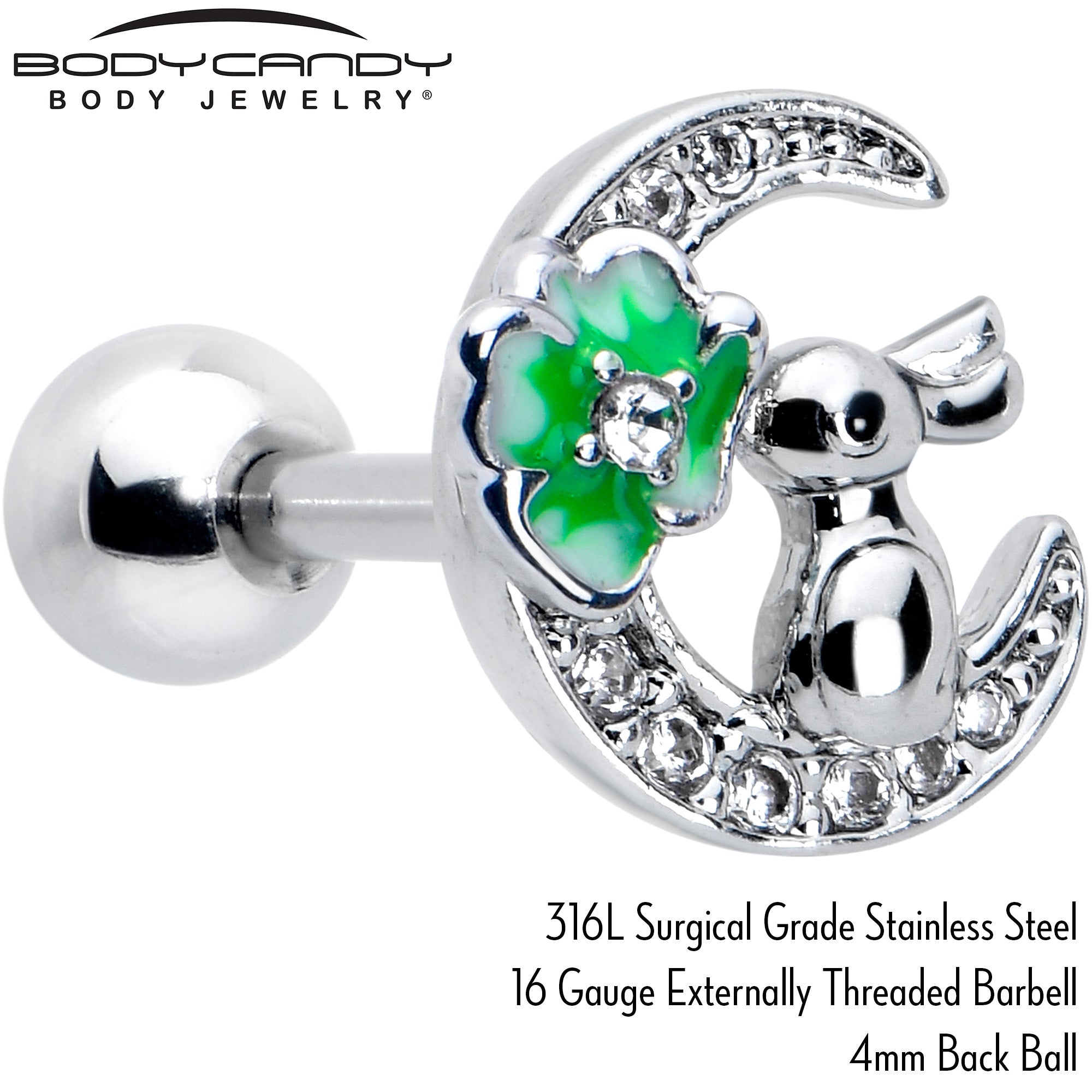 BodyCandy 16G 1/4 Clear CZ Gem Rabbit on the Moon Green Cartilage Earring — side view