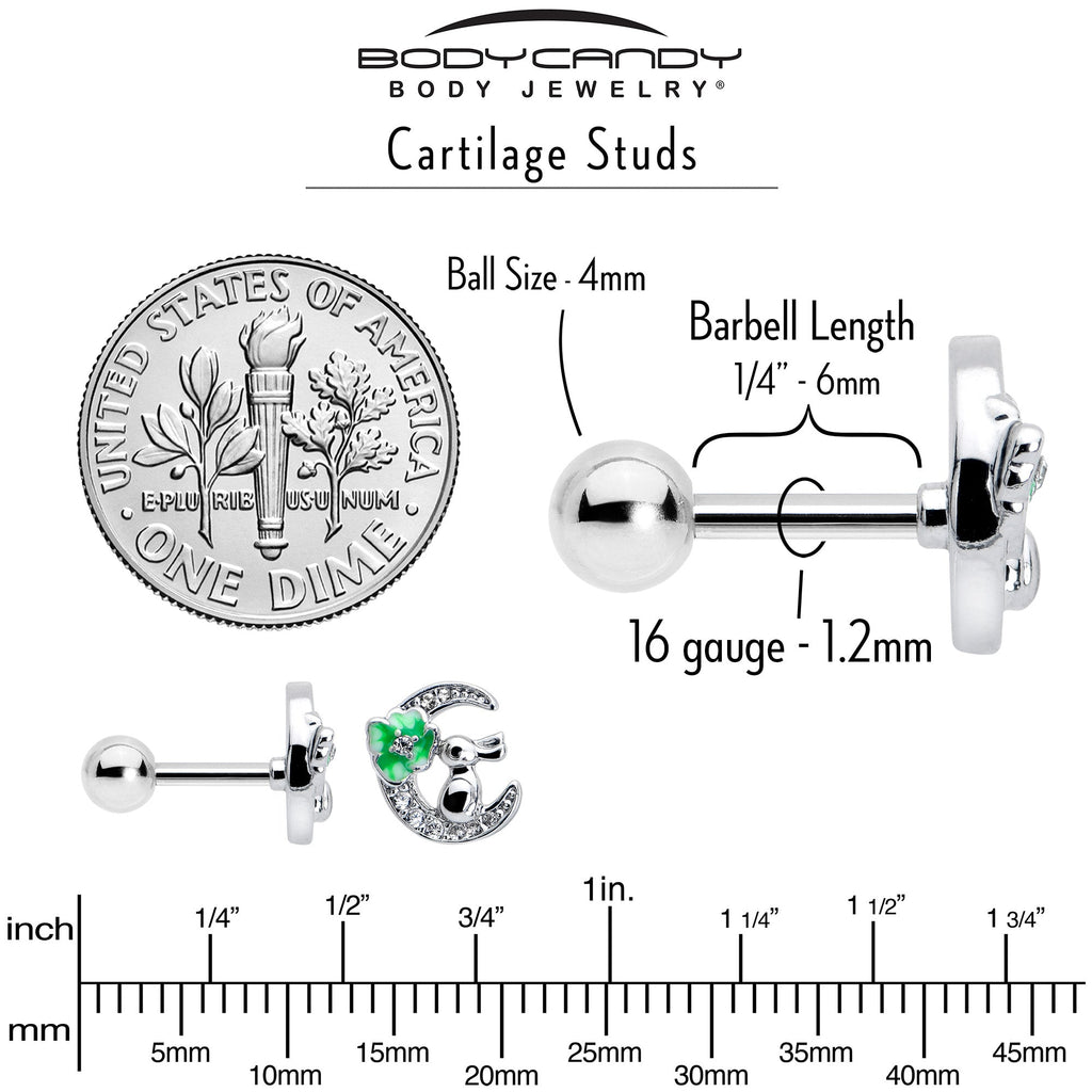 BodyCandy 16G 1/4 Clear CZ Gem Rabbit on the Moon Green Cartilage Earring — back view