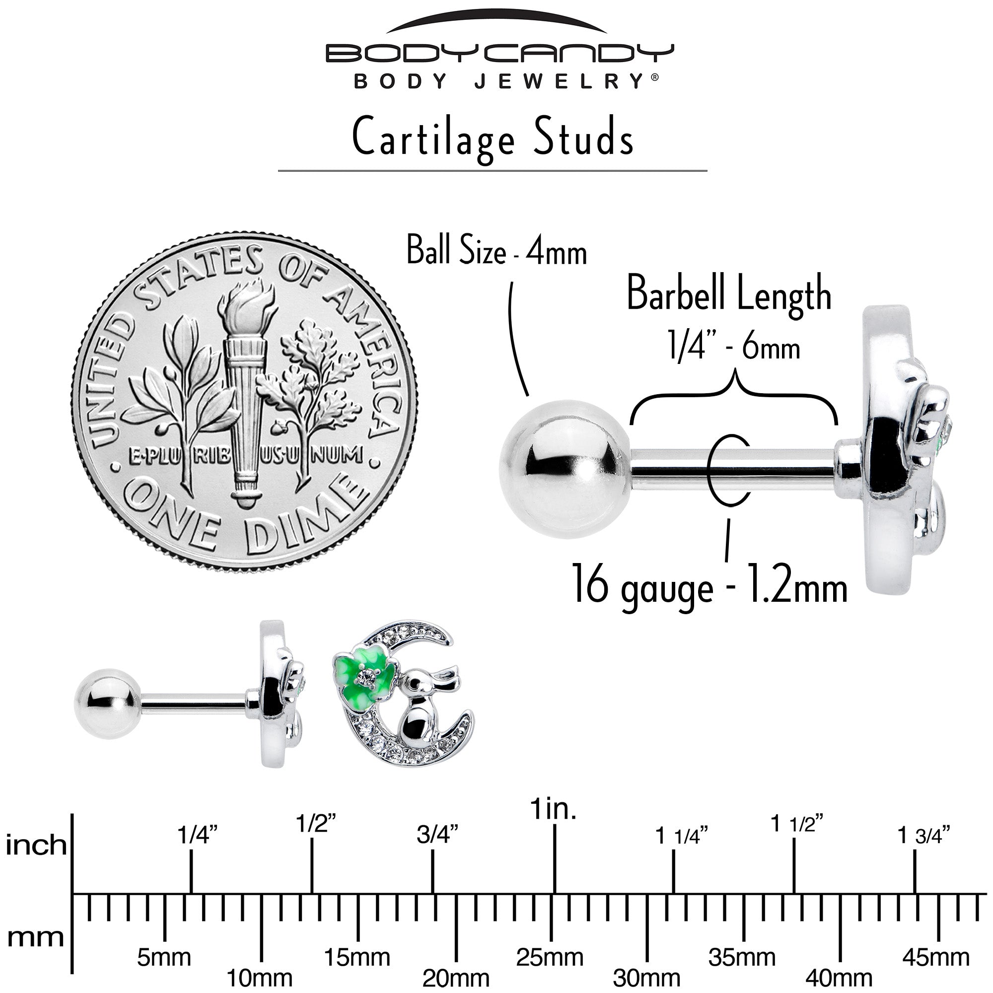 BodyCandy 16G 1/4 Clear CZ Gem Rabbit on the Moon Green Cartilage Earring — back view