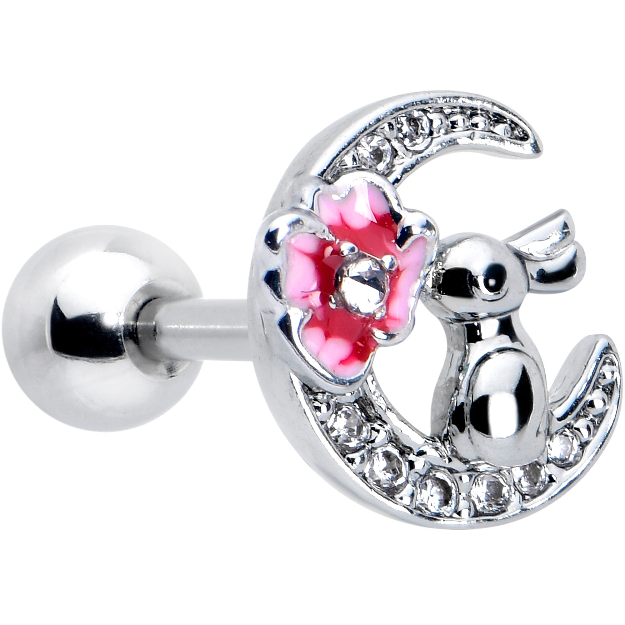 BodyCandy 16G 1/4 Clear CZ Gem Rabbit on the Moon Pink Cartilage Earring — main product shot