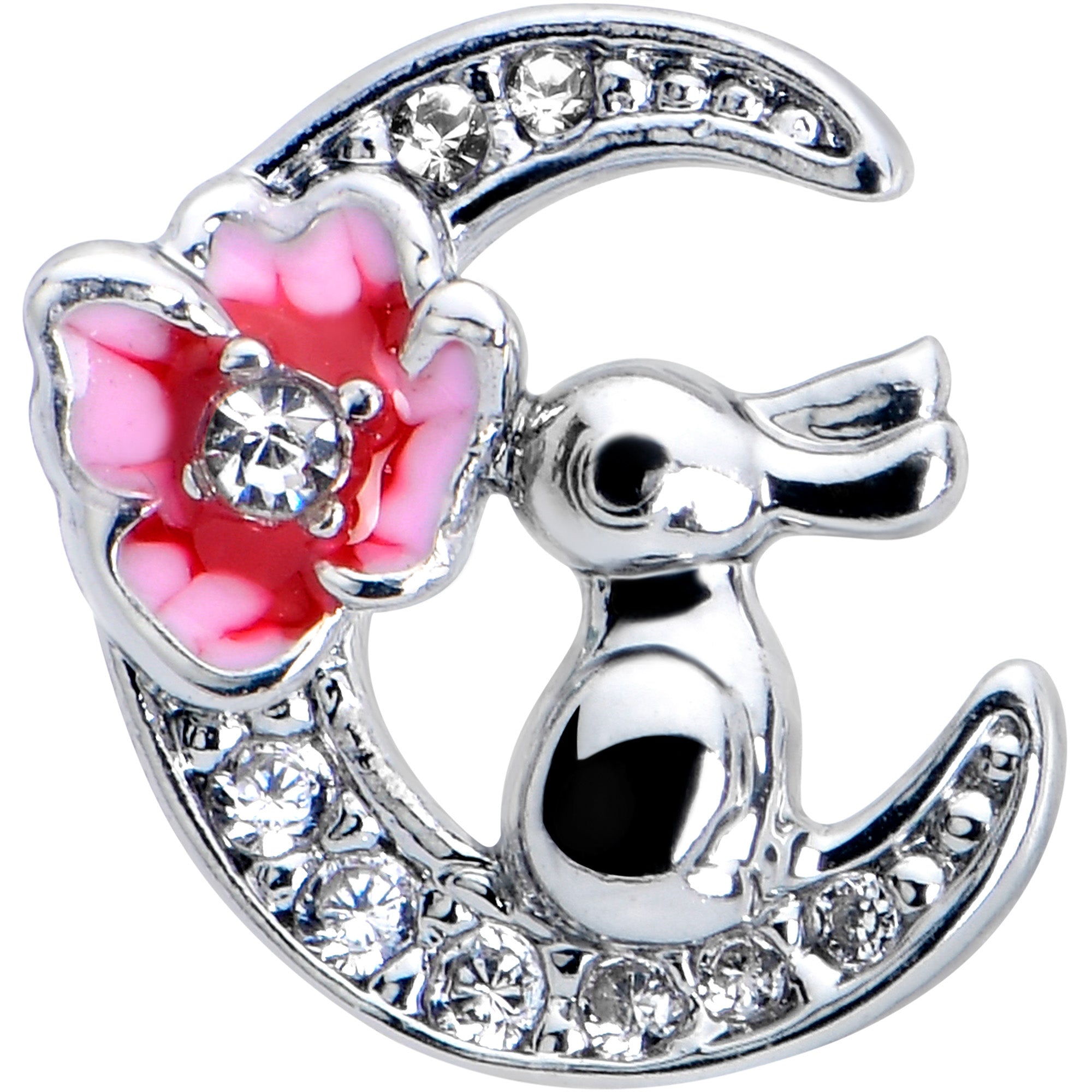 BodyCandy 16G 1/4 Clear CZ Gem Rabbit on the Moon Pink Cartilage Earring — detail close-up