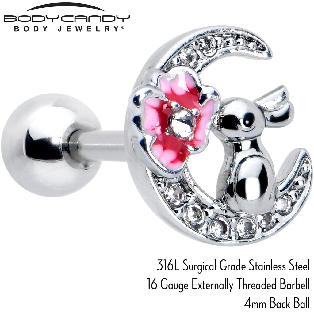 BodyCandy 16G 1/4 Clear CZ Gem Rabbit on the Moon Pink Cartilage Earring — side view